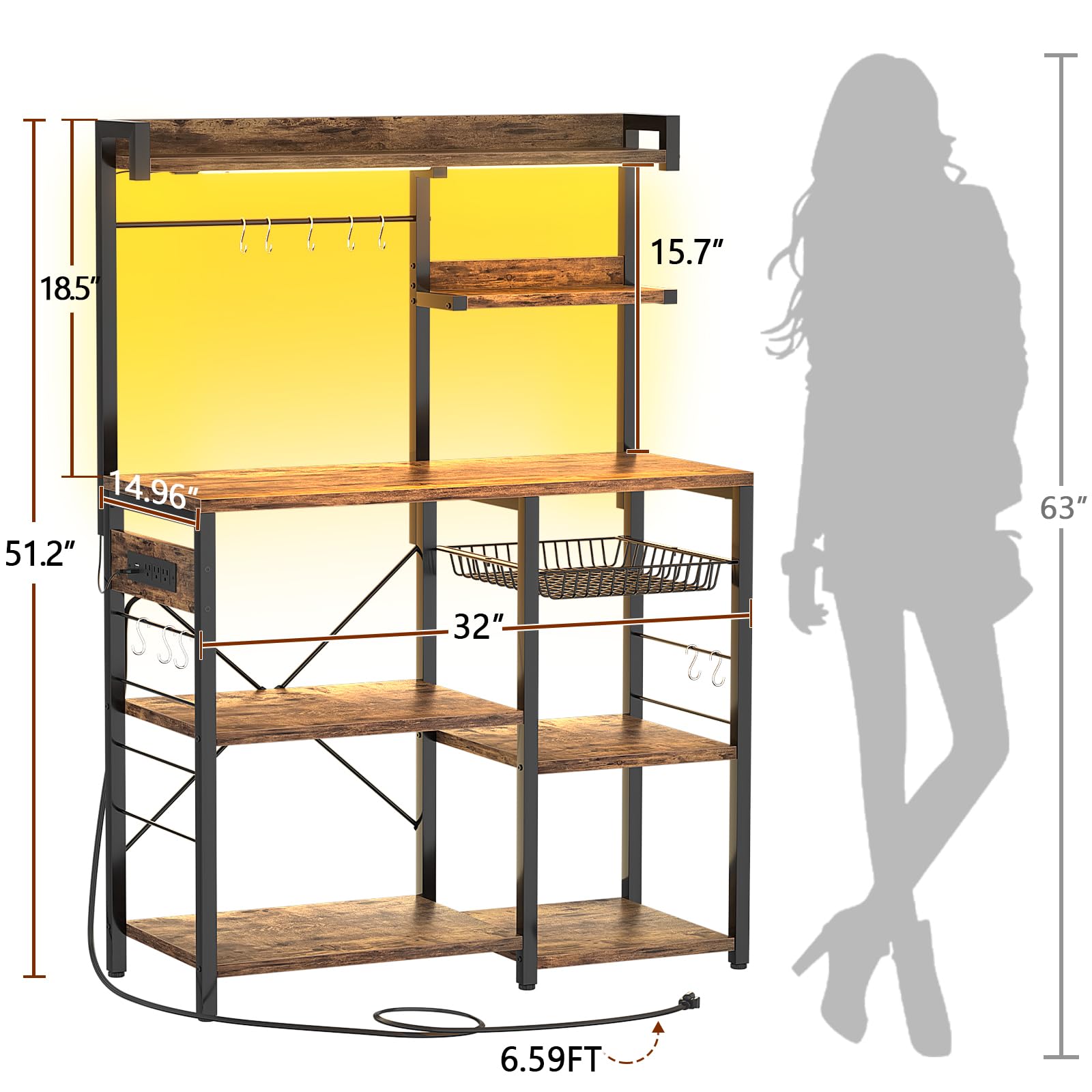 Aheaplus Rustic Brown Bakers Rack with Power Outlet & LED Lights - Microwave Stand, Kitchen Storage Shelf with Wire Baskets, Coffee Bar Station & 10 Hooks for Spices & Pots - Perfect for Small Kitchens, Apartments & Coffee Stations