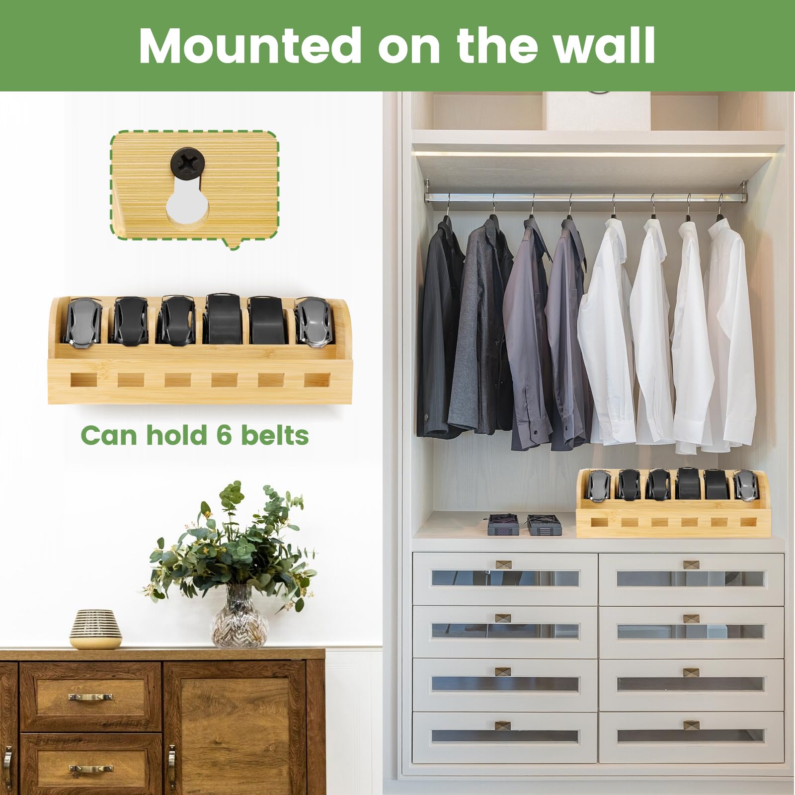 Large Adjustable Bamboo Belt Organizer Box - 6 Grids Belt Rack for Closet, Shelf & Drawer - Wall Mount Tie & Belt Storage Display for Men & Women - Perfect Father's Day Gift (Natural) - Ideal for Bedroom, Closet & Office Organization