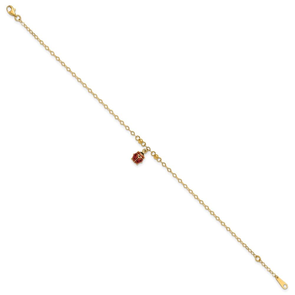 14K Yellow Gold Adjustable Ladybug Enamel Anklet - 10 Inch Cute Charm Ankle Bracelet for Women & Girls - Perfect for Summer, Beach, and Everyday Wear