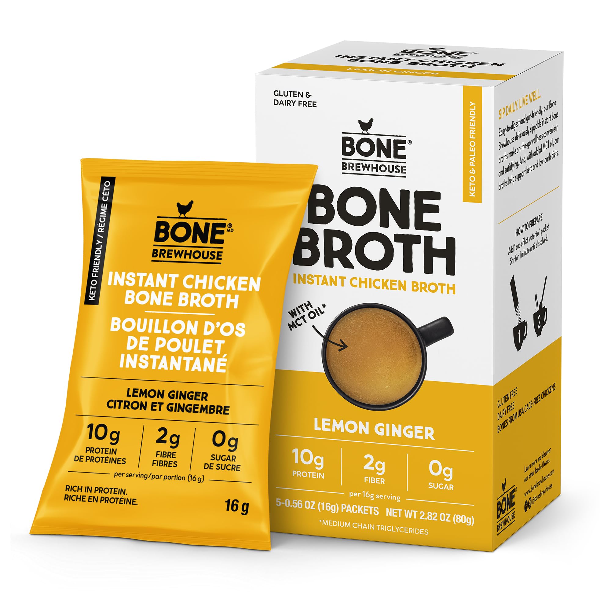 Bone Brewhouse Chicken Bone Broth Protein Powder - Lemon Ginger Flavor - Keto Paleo Friendly Instant Soup - 10g Protein per Serving - Natural Collagen Supplement - Gluten Free Dairy Free - 5 Single Serve Packets - Perfect for Post Workout Recovery, Keto Diet & Immune Support