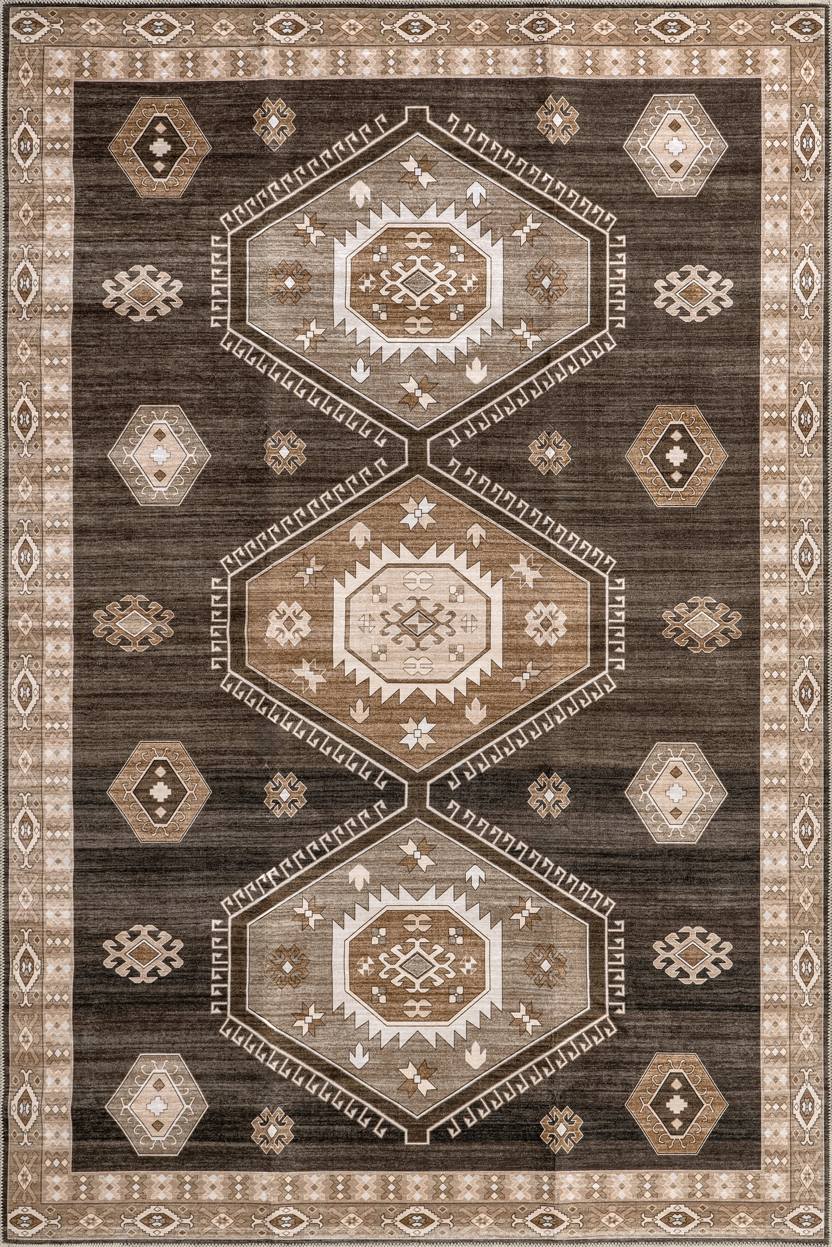 Dark Brown Taro Medallion Spill Proof Washable Rug - Non-Slip Kitchen & Living Room Floor Mat for Home Decor