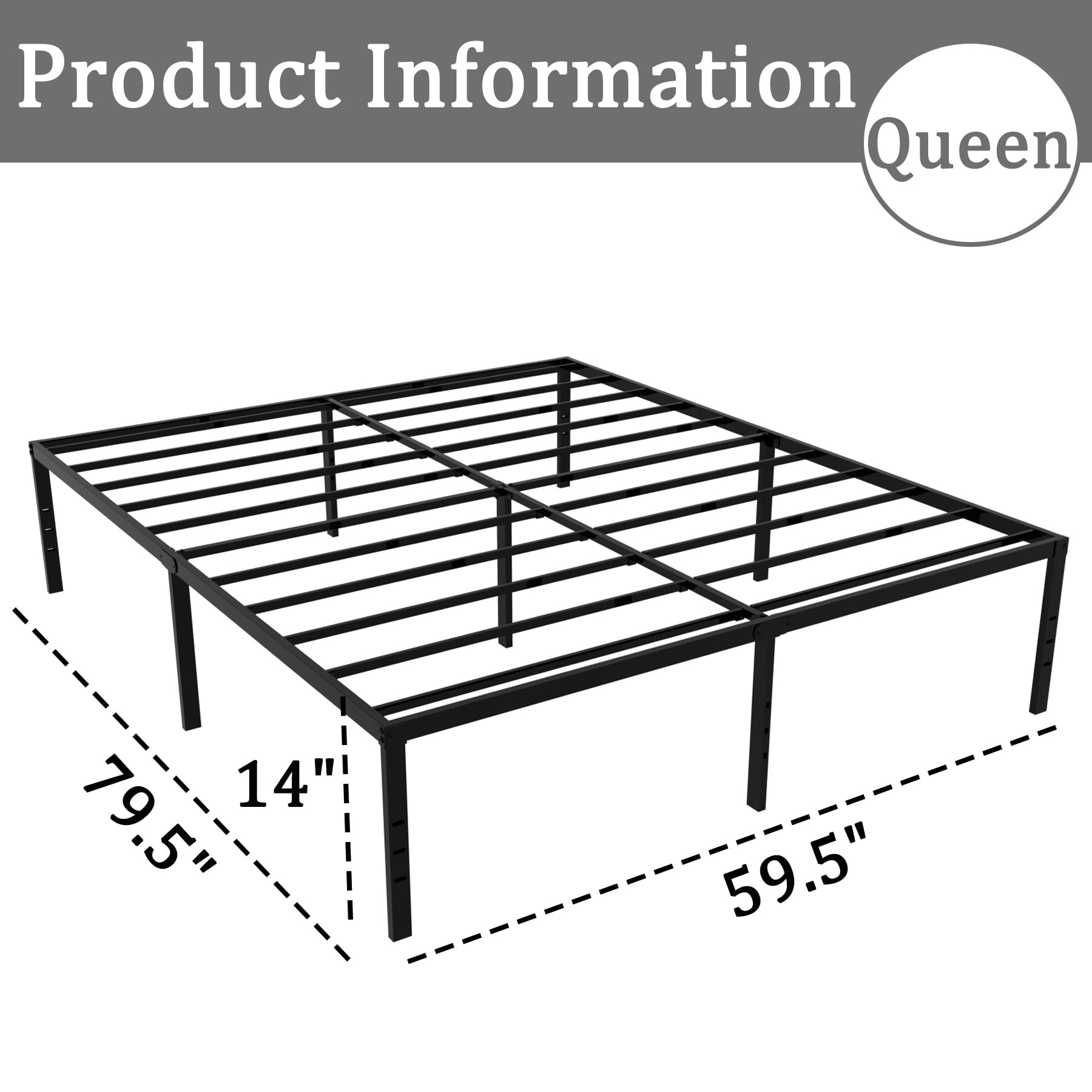 14 Inch Heavy Duty Queen Bed Frame - Sturdy Metal Platform with Steel Slat Support, No Box Spring Needed, Easy Assembly & Noise Free - Perfect for Master Bedrooms, Guest Rooms & Apartments