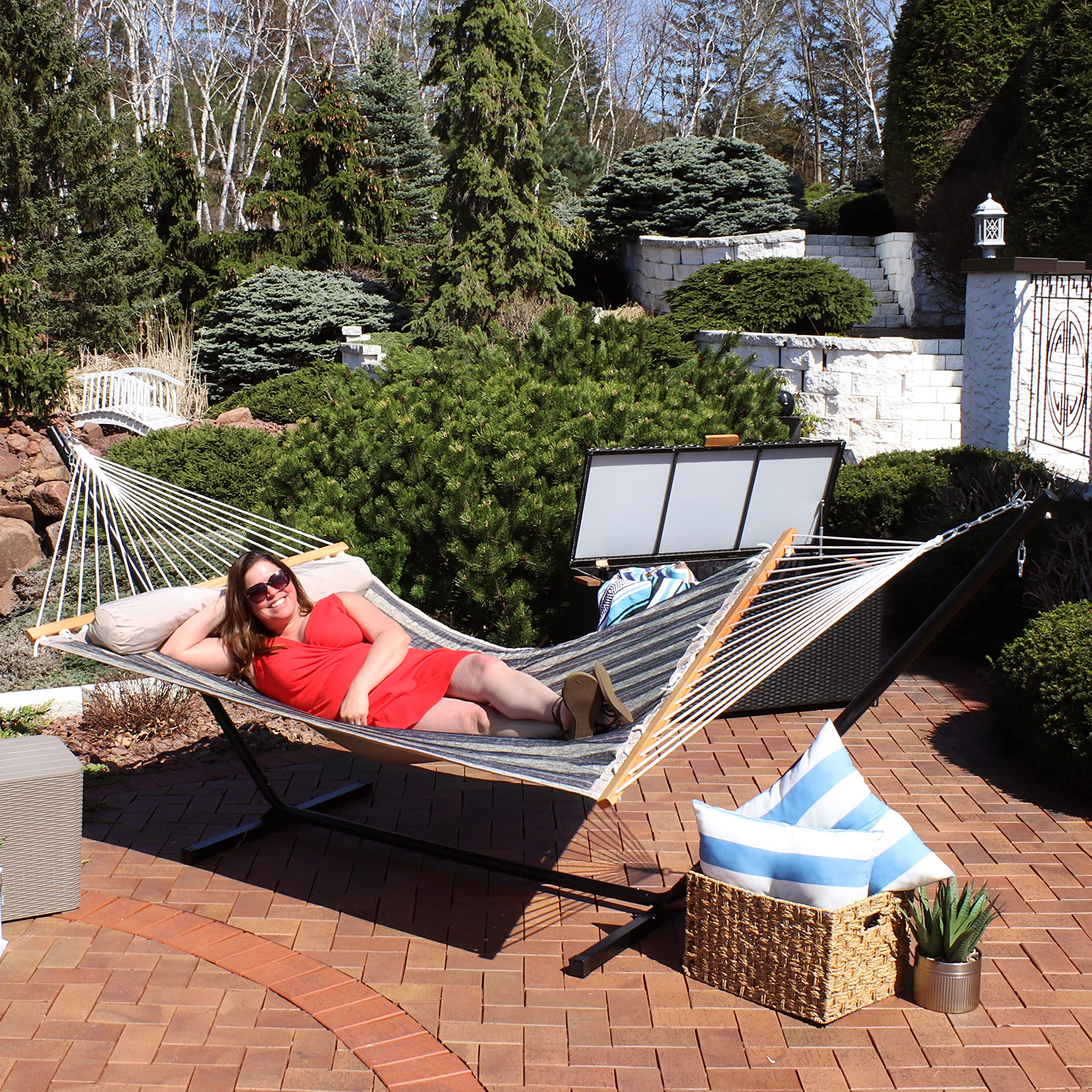 Sunnydaze Quilted Double Hammock with Stand for Outdoor Use - 350 lb Weight Capacity 2-Person Hammock with 12-Foot Steel Stand - Perfect for Backyard, Patio, Camping & Mountainside Relaxation