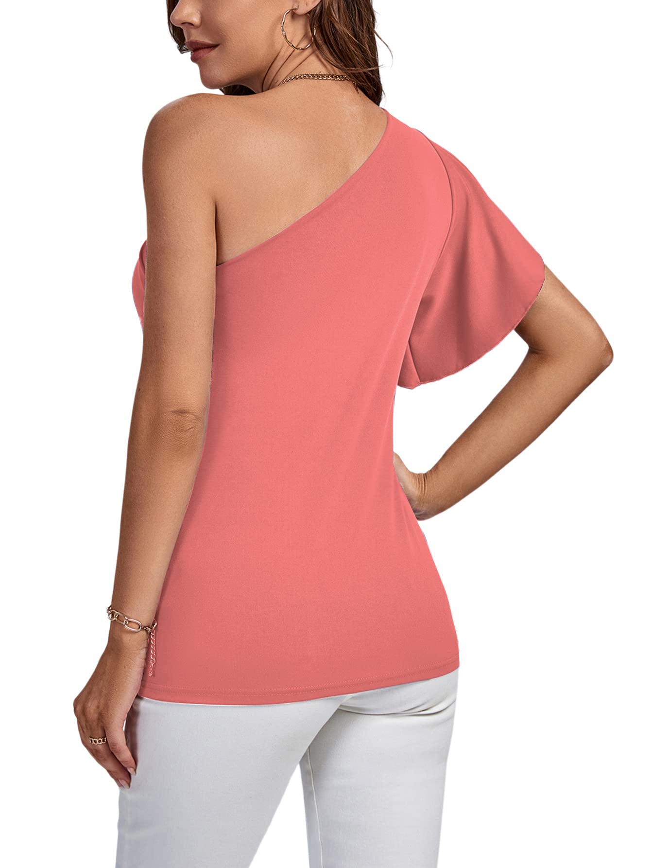 LYANER Women's Elegant One Shoulder Ruched Ruffle Blouse - Summer Short Sleeve Tops for Casual Wear, Date Night & Office Outfits
