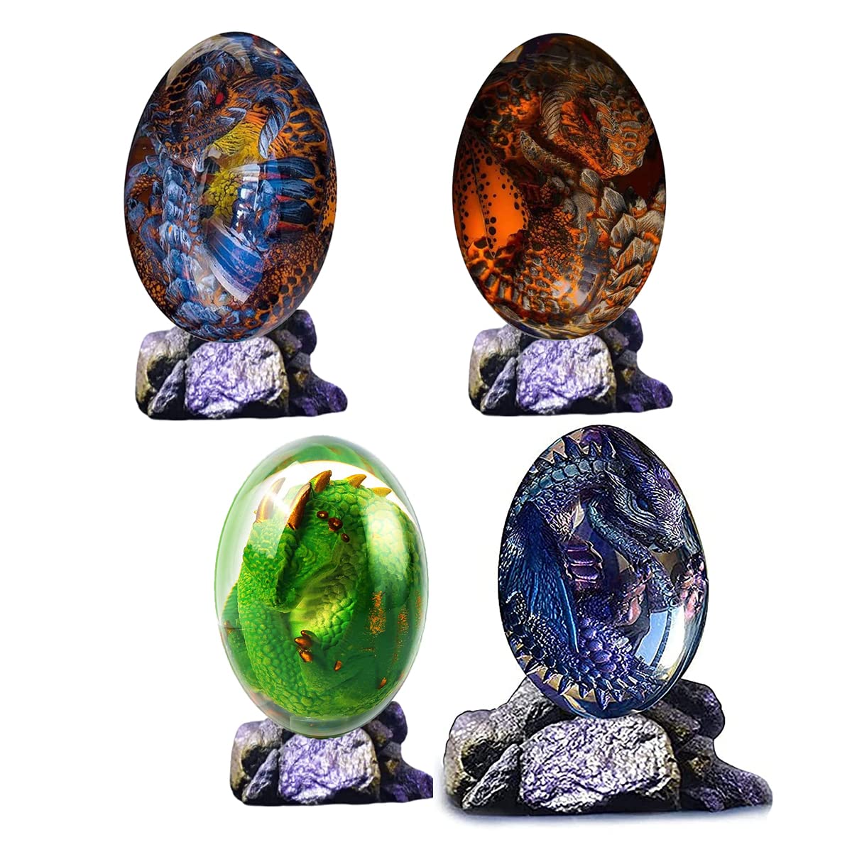 4PCS Luminous Lava Dragon Egg Ornaments - Hand-Polished Resin Crystal Dragon Eggs with Glow-in-the-Dark Base, Fantasy Tabletop Decor for Home, Office & D&D Game Night Accessories