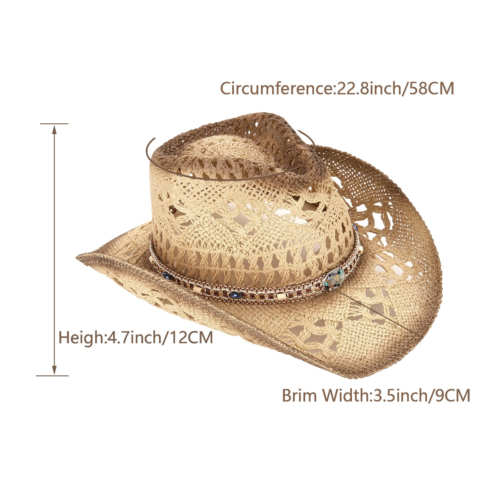 Stylish Unisex Straw Cowboy Hat for Men & Women - Western Cowgirl Sun Hat with Woven Design & 2 Decorative Bands | Perfect for Rodeo, Beach, Music Festivals & Outdoor Adventures
