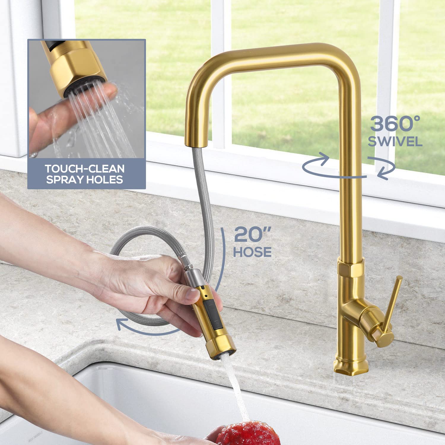 Modern Gold Kitchen Faucet with Pull Down Sprayer - Single Handle Brass Sink Faucet for 1 or 3 Hole Installation - Deck Plate Included - Perfect for Contemporary Kitchens & Bar Sinks