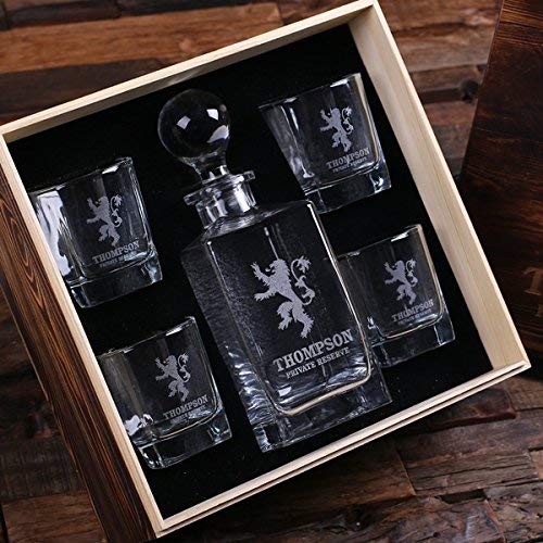 Teals Prairie & Co. Personalized Engraved Whiskey Decanter Set - 4 Crystal Whiskey Glasses & Premium Wood Gift Box - Perfect for Anniversary, Birthday & Holiday Gifting