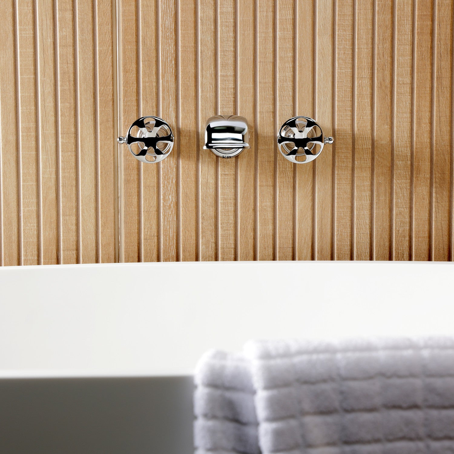 Belknap KS5021RX Polished Chrome 3 Hole Wall Mount Roman Tub Faucet with Two Handles - Perfect for Bathroom Renovation and Luxury Spa Experience