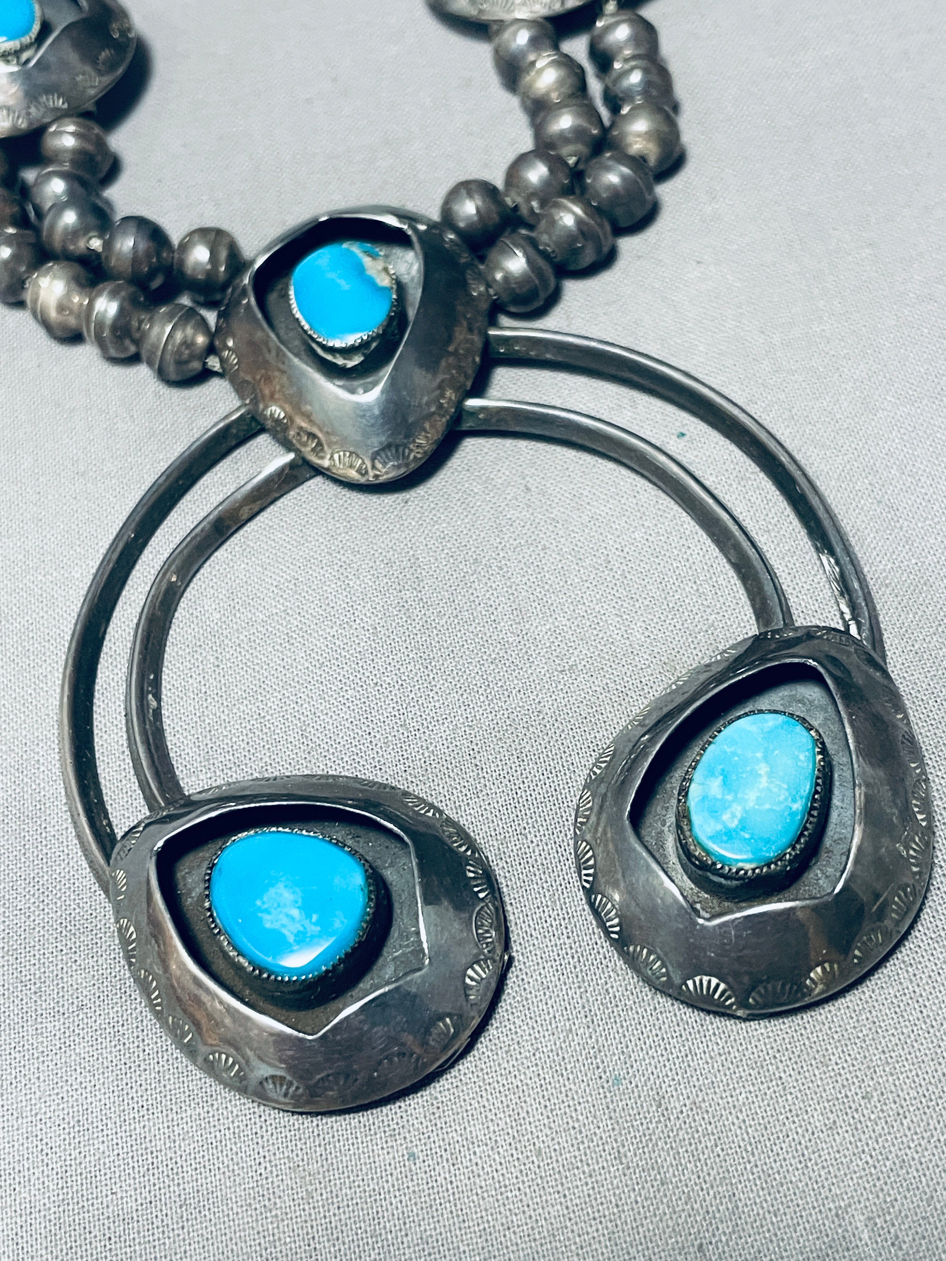 Vintage Navajo Turquoise Sterling Silver Squash Blossom Necklace - 178g Handmade Native American Jewelry for Women, Perfect for Boho Fashion, Weddings & Special Occasions