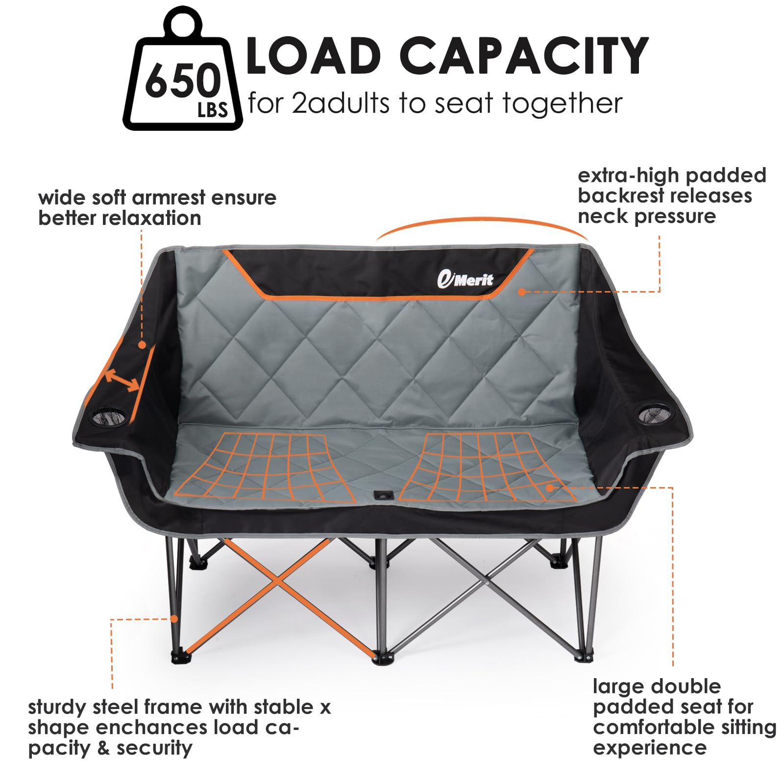 EMERIT Heavy Duty 2-Person Camping Chair - 650LBS Capacity for Outdoor & Backyard Use