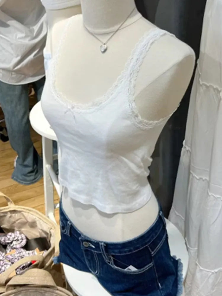 Women's Casual Soft Cotton White Bow Tank Top - Vintage Summer Sleeveless Blouse with Lace Trim & O-Neck Design | Perfect for Beach Outfits, Date Nights & Boho Fashion