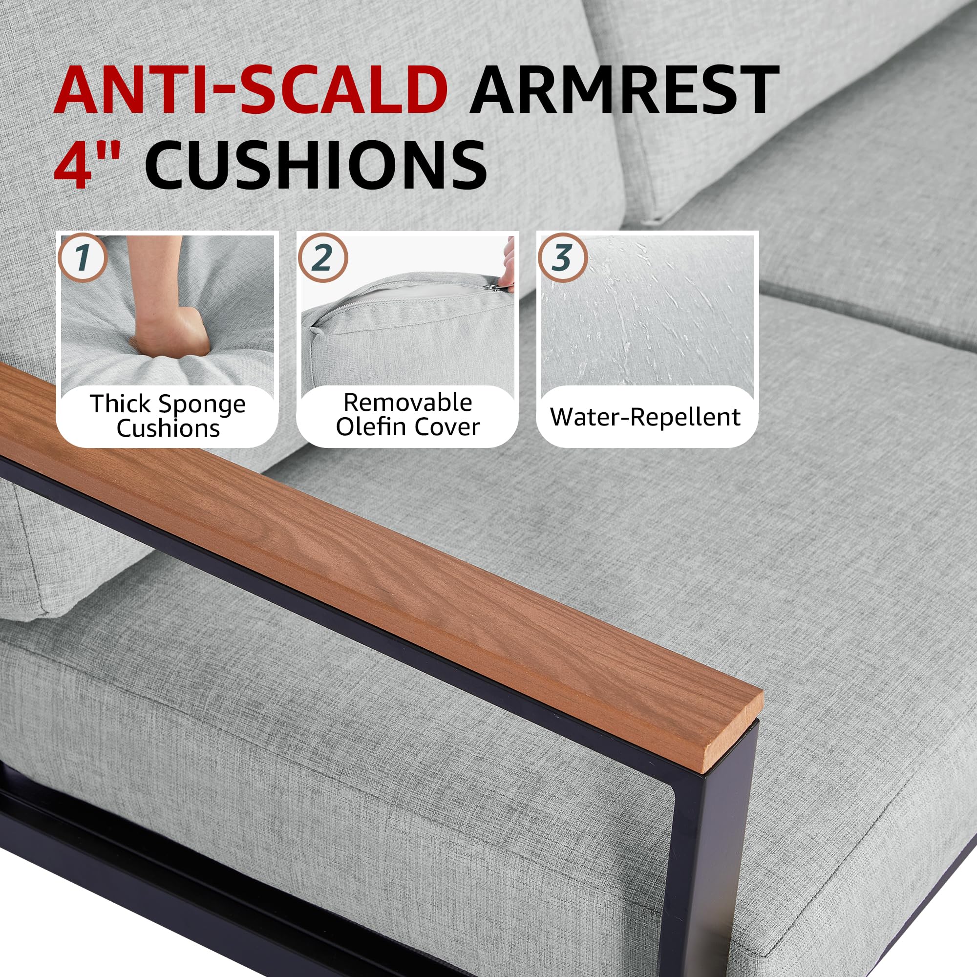 Modern 4-Piece Outdoor Patio Furniture Set - Metal Sectional Conversation Set with Fauxwood Armrests, Sling Mesh & Tempered Glass Table - Durable Olefin Cushions for Backyard, Garden or Poolside Relaxation