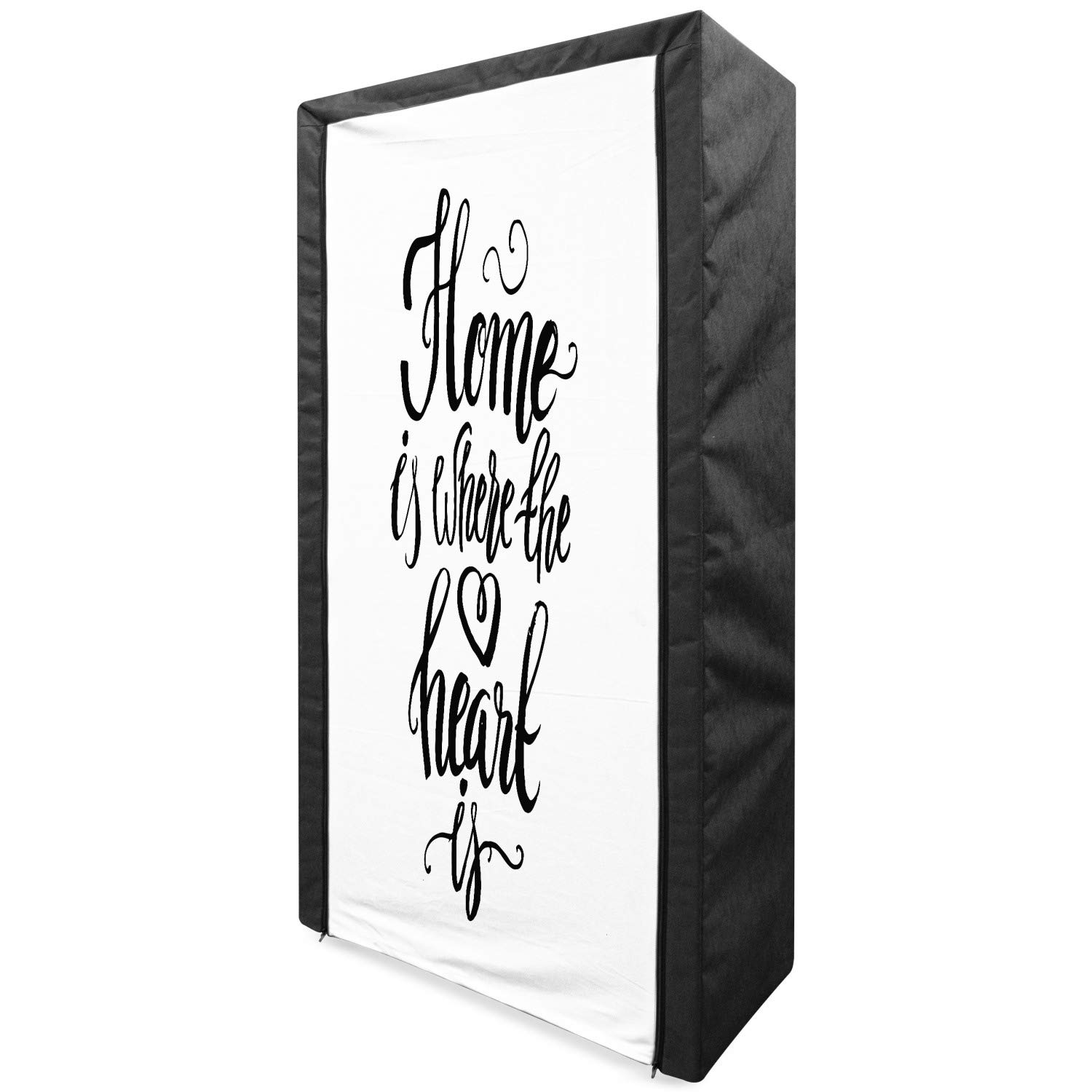 Ambesonne Portable Fabric Wardrobe - Home is Where The Heart is Handwritten Monochrome Design, 33.5 Inch Clothing Organizer with Shelves for Bedroom Storage | Black & White Home Decor for Apartments & Dorm Rooms