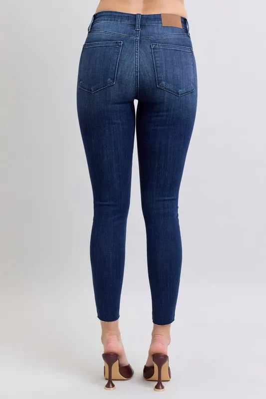Judy Blue Women's Plus Size Mid Rise Skinny Jeans with Raw Hem - Stretch Denim Pants for Casual Wear & Everyday Comfort