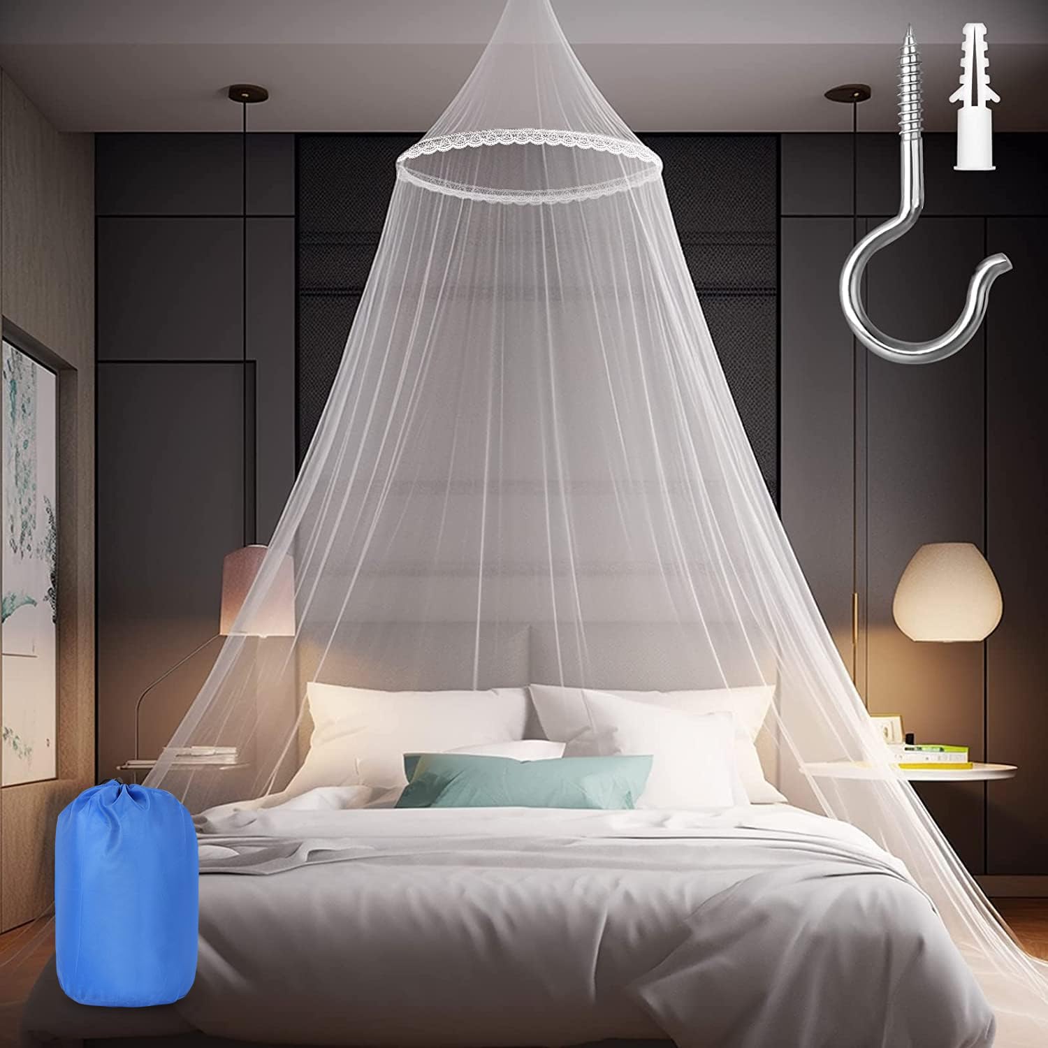 White Lace Flower Mosquito Net for Bed - Large Hanging Bed Canopy for Girls & Adults, Easy Installation with Storage Bag | Perfect for Bedroom Decor, Travel & Outdoor Camping Protection
