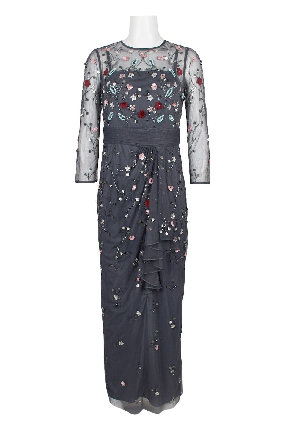 JS Collections Floral Beaded Gown - Elegant Charcoal Multi Color Evening Dress for Women | Perfect for Weddings, Galas & Formal Events