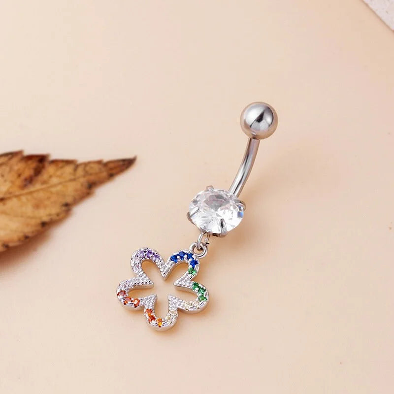 14G Hypoallergenic Flower Feather Belly Button Ring - Surgical Steel Navel Piercing Jewelry for Women | Perfect for Summer Beach, Pool Parties & Boho Fashion