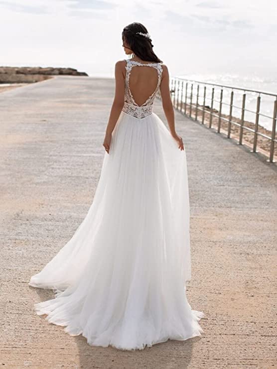 Elegant V-Neck Beach Wedding Dresses 2024 - Sleeveless Lace Boho Bridal Gowns for Women | Perfect for Destination Weddings, Beach Ceremonies & Romantic Photoshoots