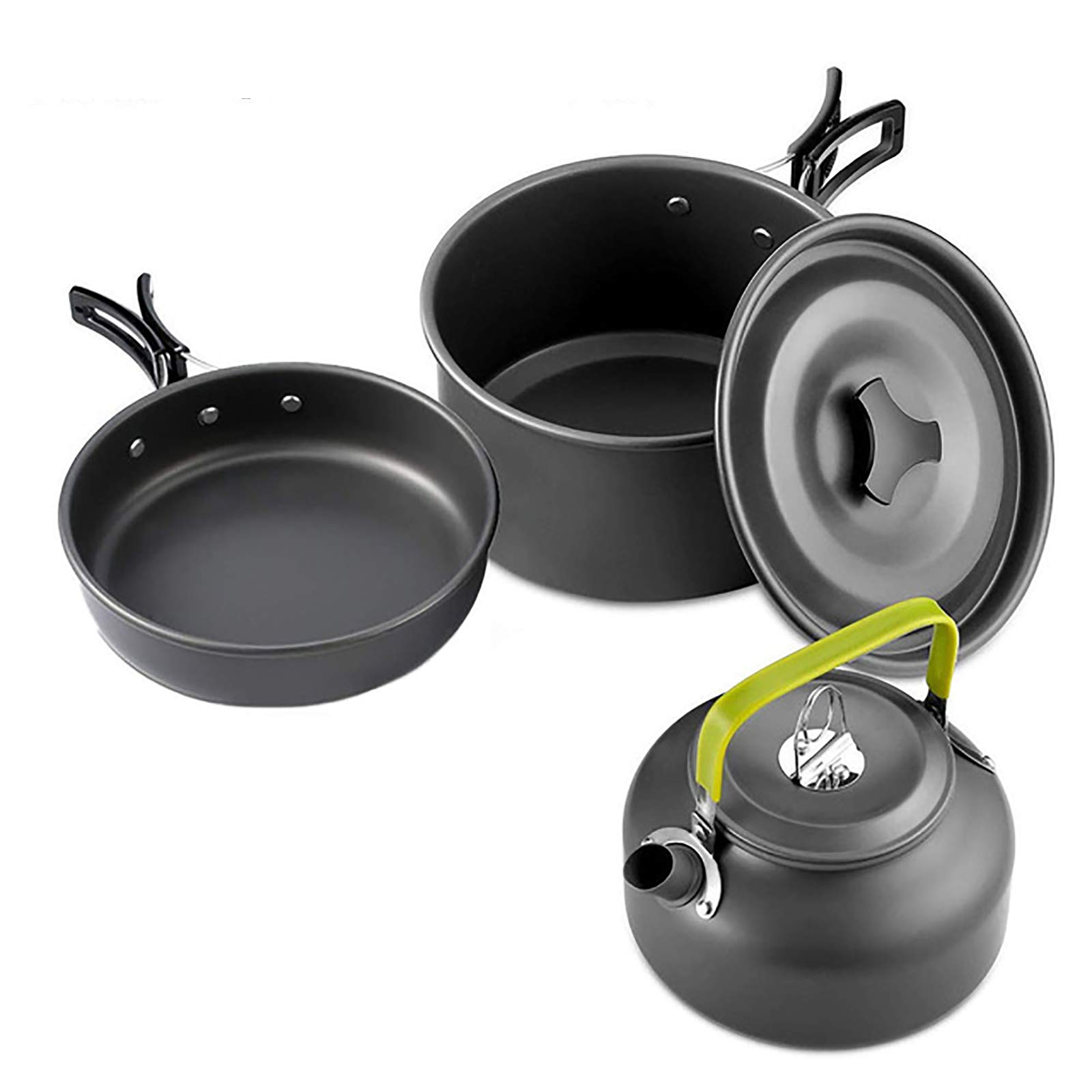BB&UU Lightweight Aluminum Camping Cookware Set - Non-Stick Frying Pan, Stockpot & Kettle for Outdoor Cooking, Backpacking, Hiking & Picnic - Portable Mess Kit (7x7x5inch, Green) - Perfect for Camping Trips, RV Adventures & Emergency Preparedness