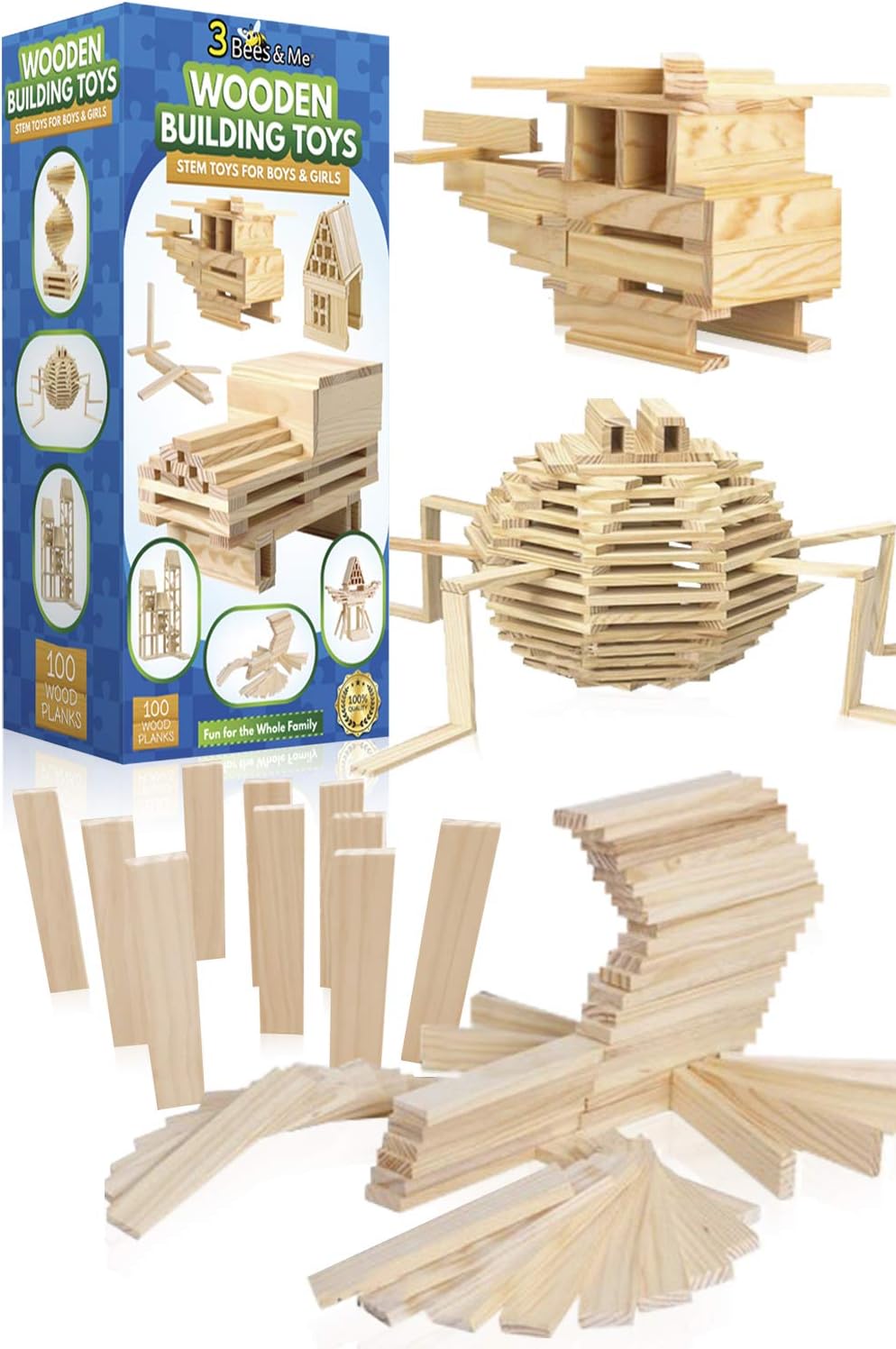 3 Bees & Me Wooden Building Blocks - 100 Piece STEM Construction Toy Set for Kids, Boys & Girls - Creative Educational Playset for Classroom, Home & Indoor Activities