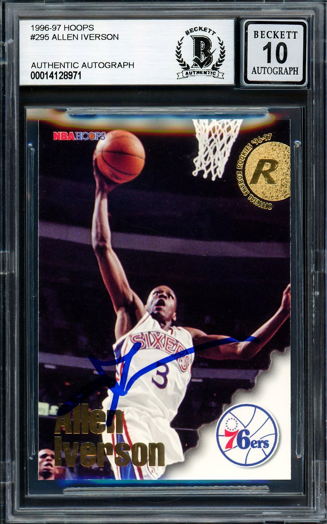 Allen Iverson Autographed 1996-97 Hoops Rookie Card #295 Philadelphia 76ers - Beckett BAS Gem Mint 10 Grade - Stock #205798 - Perfect for NBA Memorabilia Collectors and 76ers Fans Display