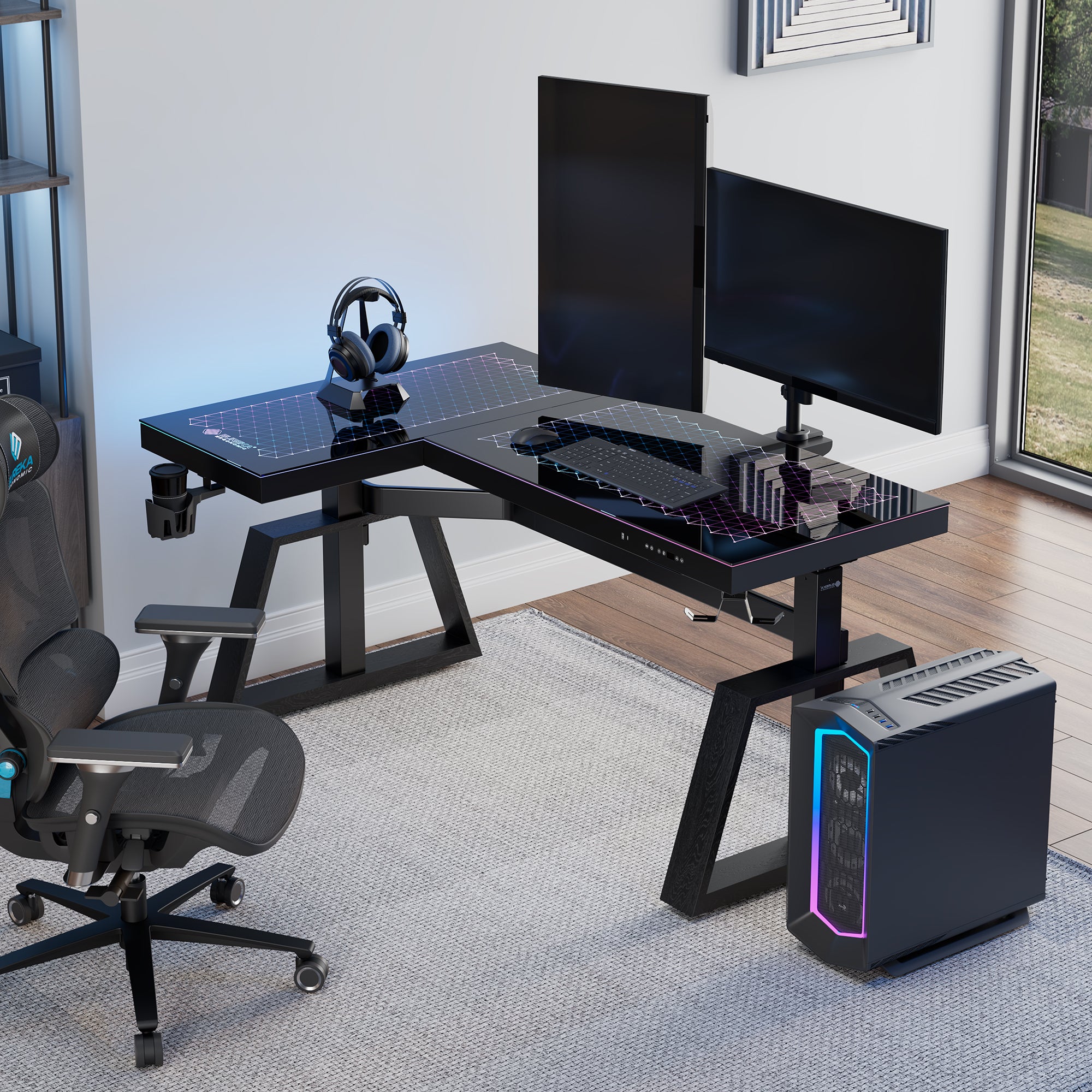 GTG L60 Pro L-Shaped Glass Gaming Standing Desk - 60x23 Inches, Ergonomic Height Adjustable Workstation for Home Office, Streaming & PC Gaming Setup