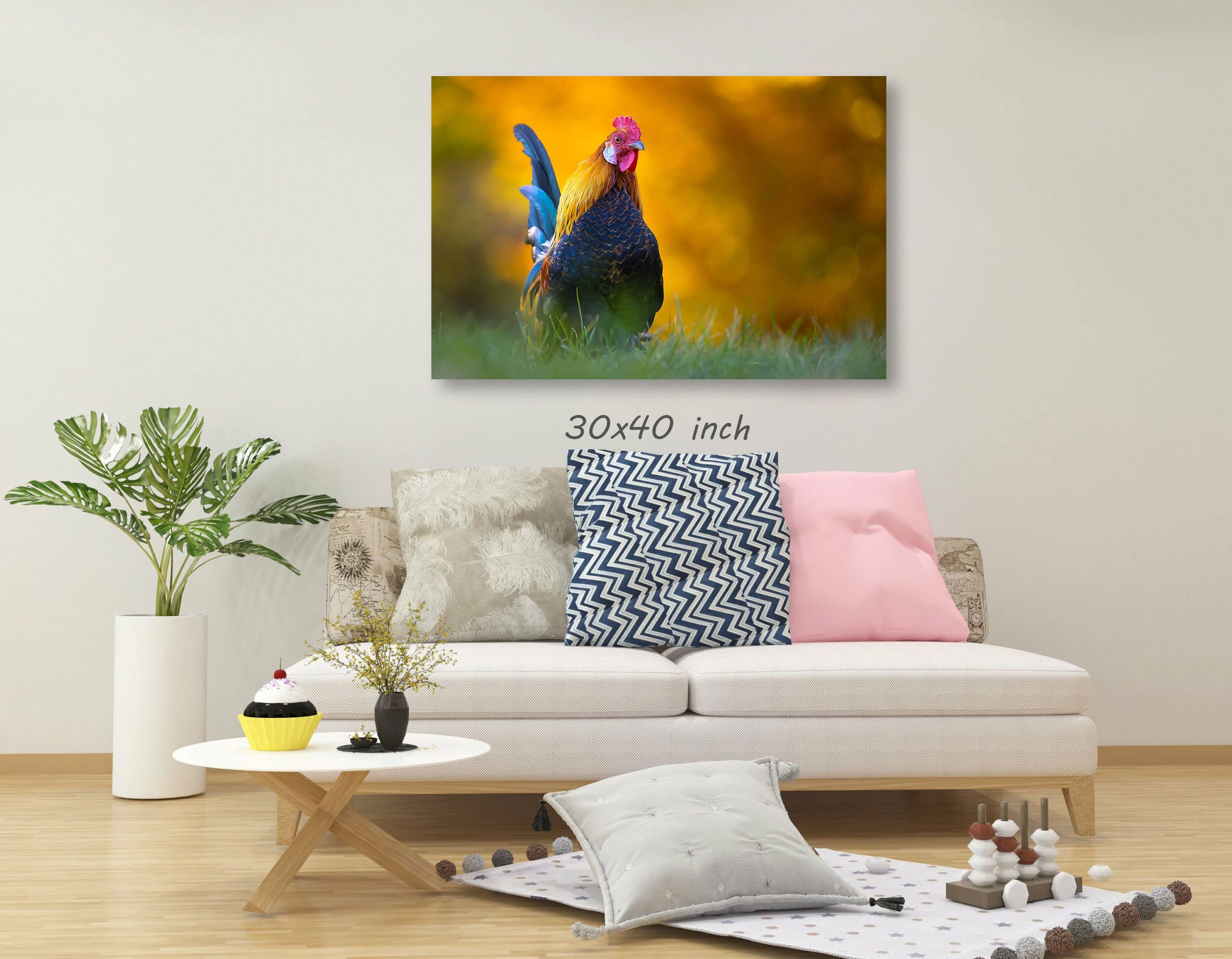 Rooster Animal Art Canvas Wall Decor - Framed Ready to Hang 15x22 - Handmade Painting for Living Room, Kitchen, Bedroom & Office - Perfect Farmhouse Home Decor Gift