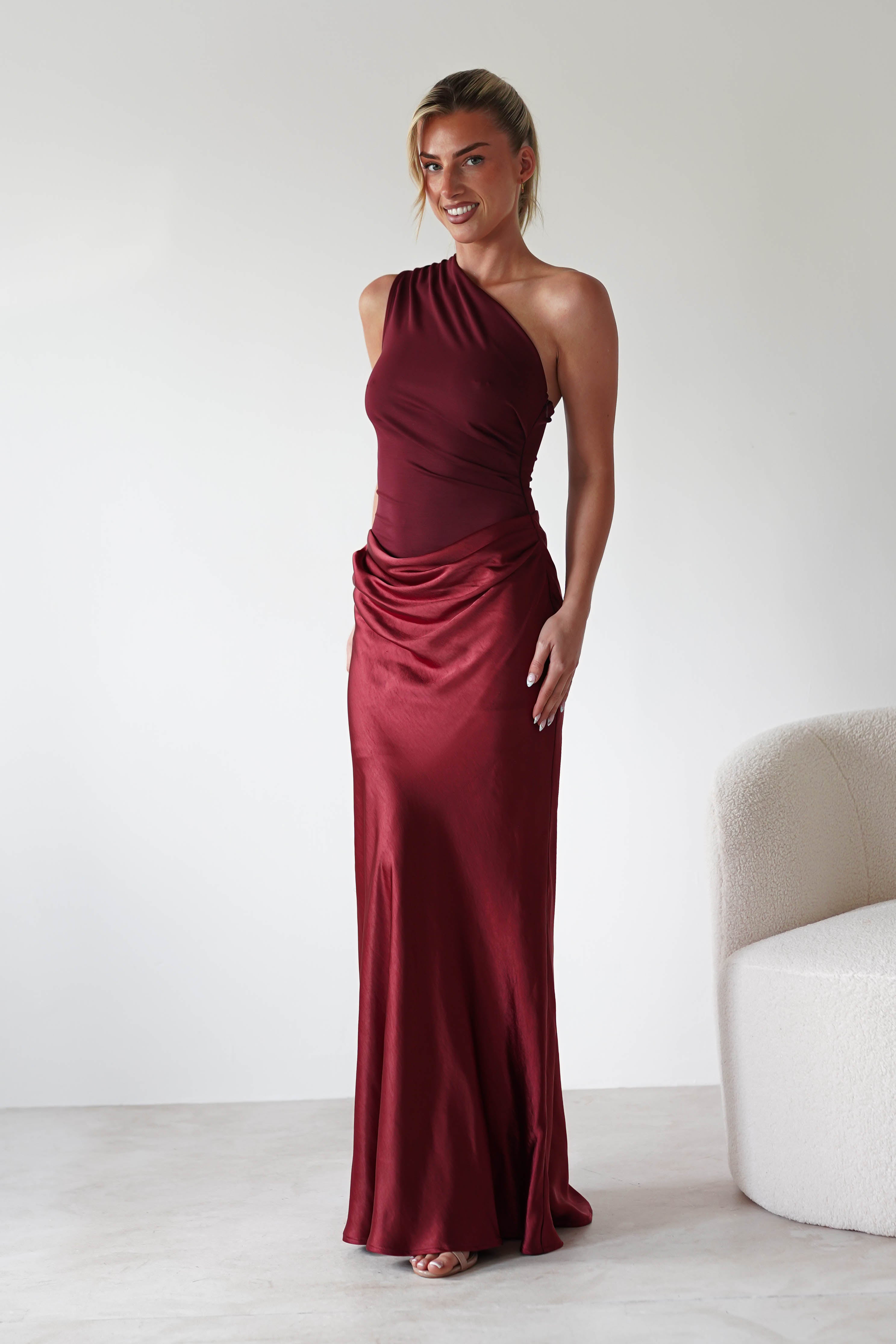 Elegant Kashia Draped Satin Maxi Dress for Women - Burgundy Wine Color | Perfect for Evening Parties, Weddings & Special Occasions