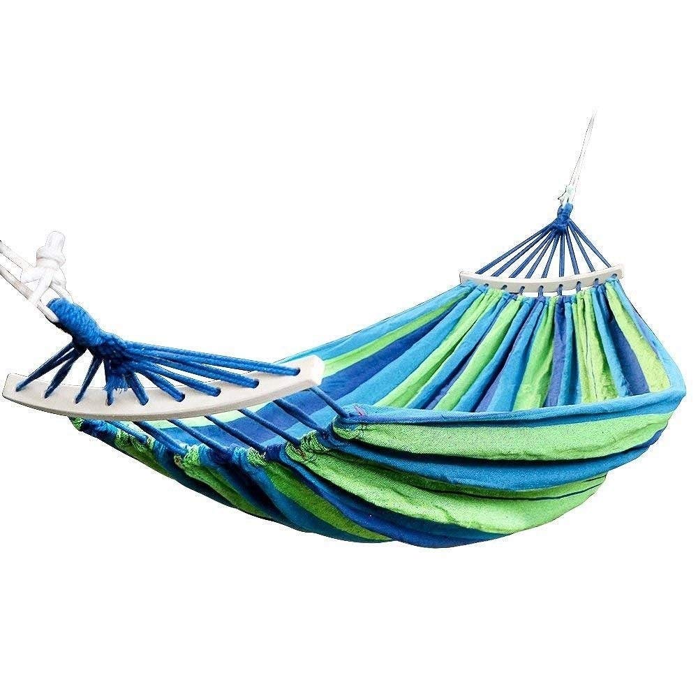 450 Lbs Capacity Double Hammock for Camping & Travel - Portable Hanging Swing Chair with Backpack, Canvas Stripe Design - Perfect for Backyard, Beach & Outdoor Relaxation (Blue)