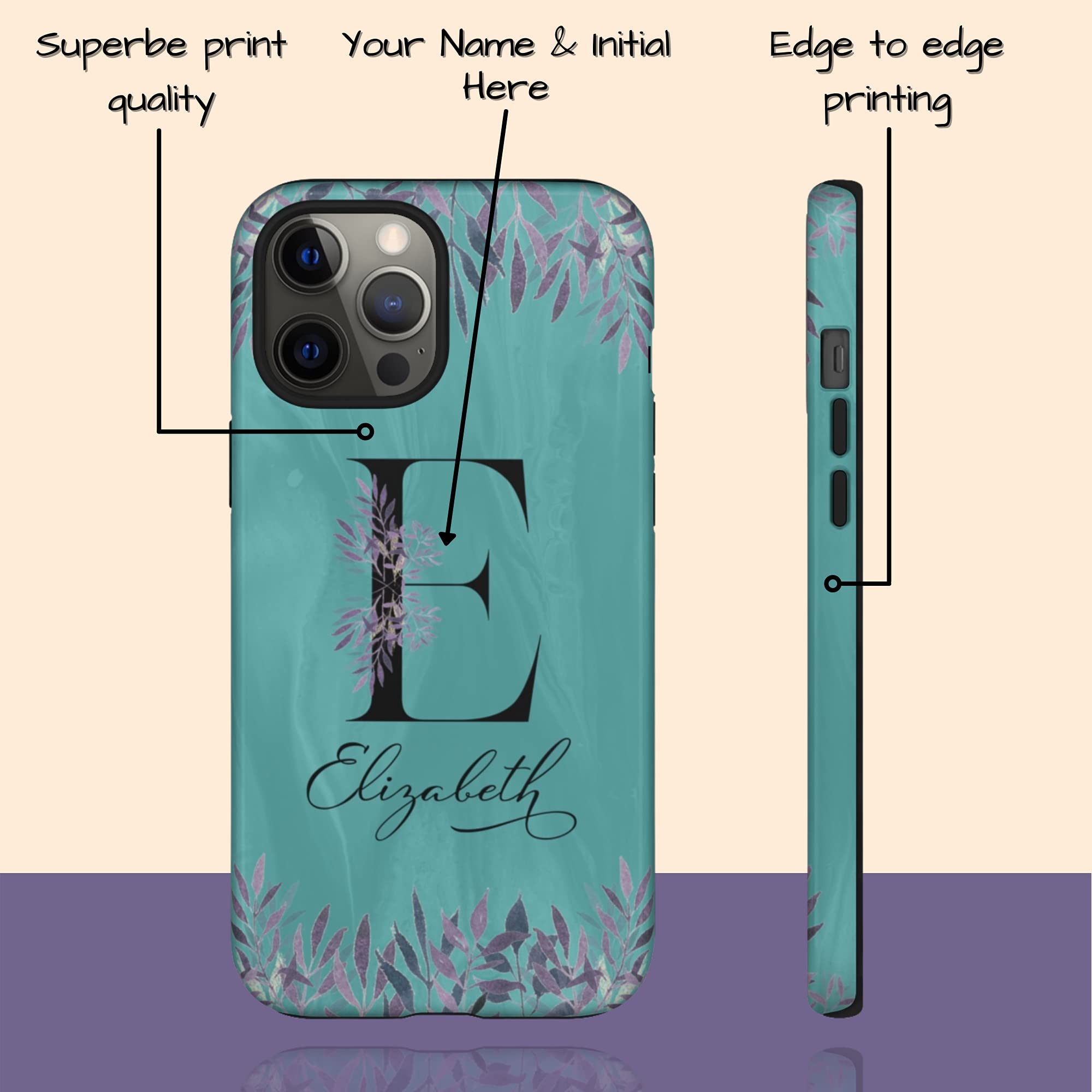 Personalized Teal Floral Monogram Phone Case - Custom Initial Name Cover for iPhone 16 Plus/15 Pro Max/14/13 Mini/12/11/X/XS Max/XR/7/8 - Perfect Gift for Women & Girls, Ideal for Everyday Use, Travel & Special Occasions