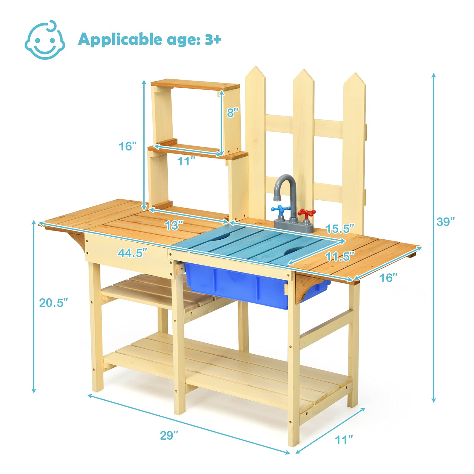 Costzon Kids Mud Kitchen Outdoor - Wooden Pretend Play Kitchen Set with Removable Sink, Faucet & Storage Shelves - Mud Table Playset for Boys & Girls Ages 3+ - Perfect for Backyard, Garden & Outdoor Pretend Play