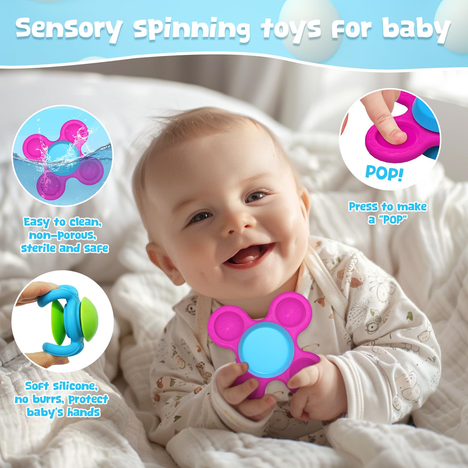 **Silicone Suction Cup Spinner - Stackable Baby Bath Toys for 1 Year Old Boys & Girls - Sensory Travel & High Chair Toy - Perfect for Easter Basket Stuffers & Toddler Gifts (10-18 Months) - Safe, No-Hole Design for Bathtime Fun & Learning Play**