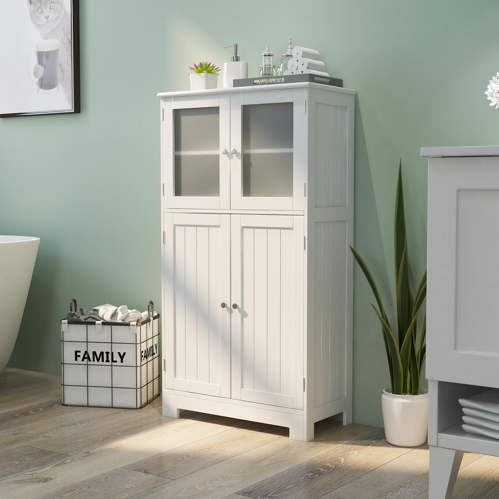 LOKO White Bathroom Floor Cabinet with Glass Doors - Wooden Storage Cabinet with Adjustable Shelf for Bathroom, Kitchen & Living Room - Perfect for Organizing Towels, Dishes & Home Decor Items