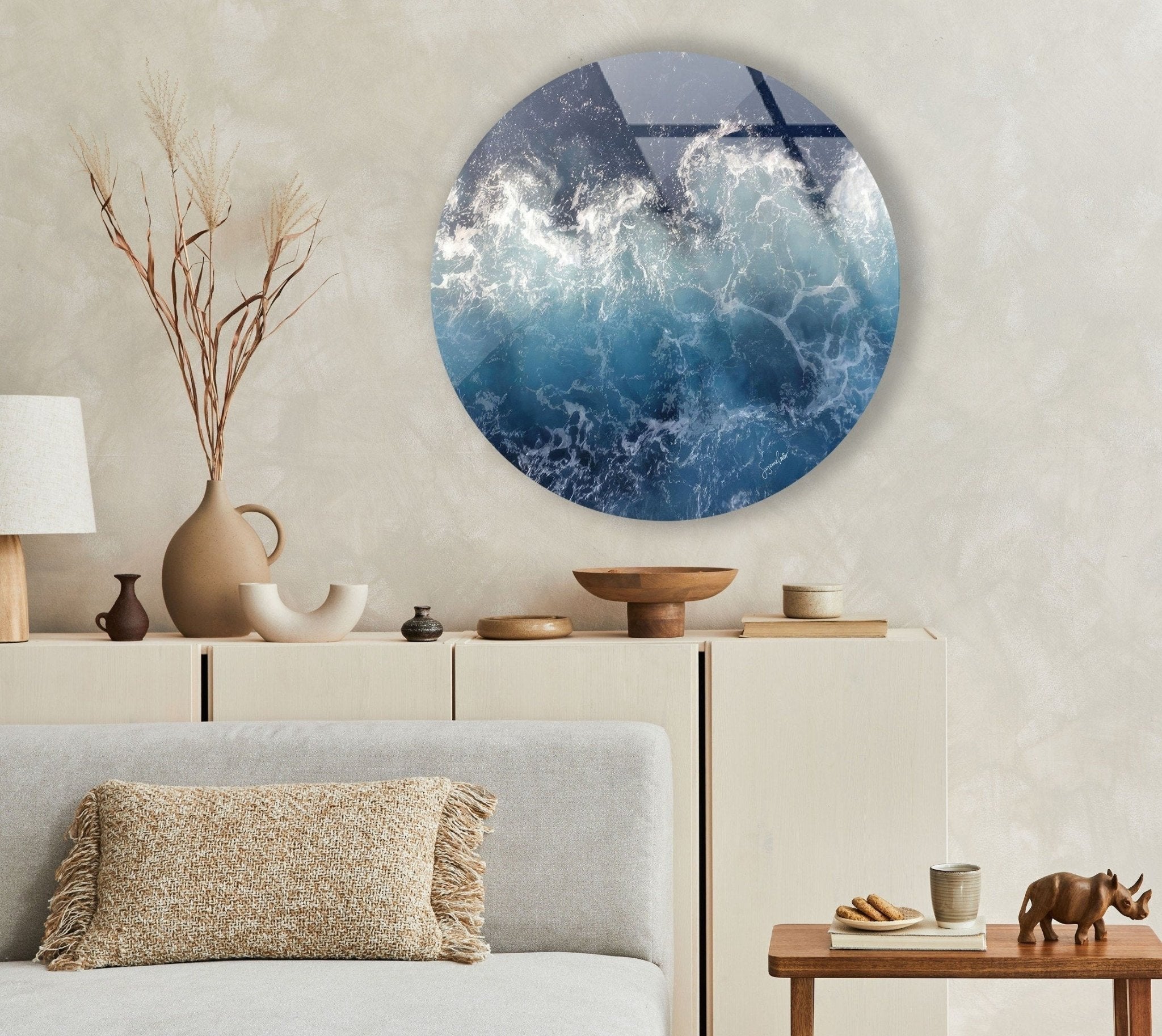 Abstract Round Ocean Waves Glass Wall Art - Coastal Beach Decor for Living Room, Bedroom & Office - Handmade Seascape Mural for Home & Office Decor