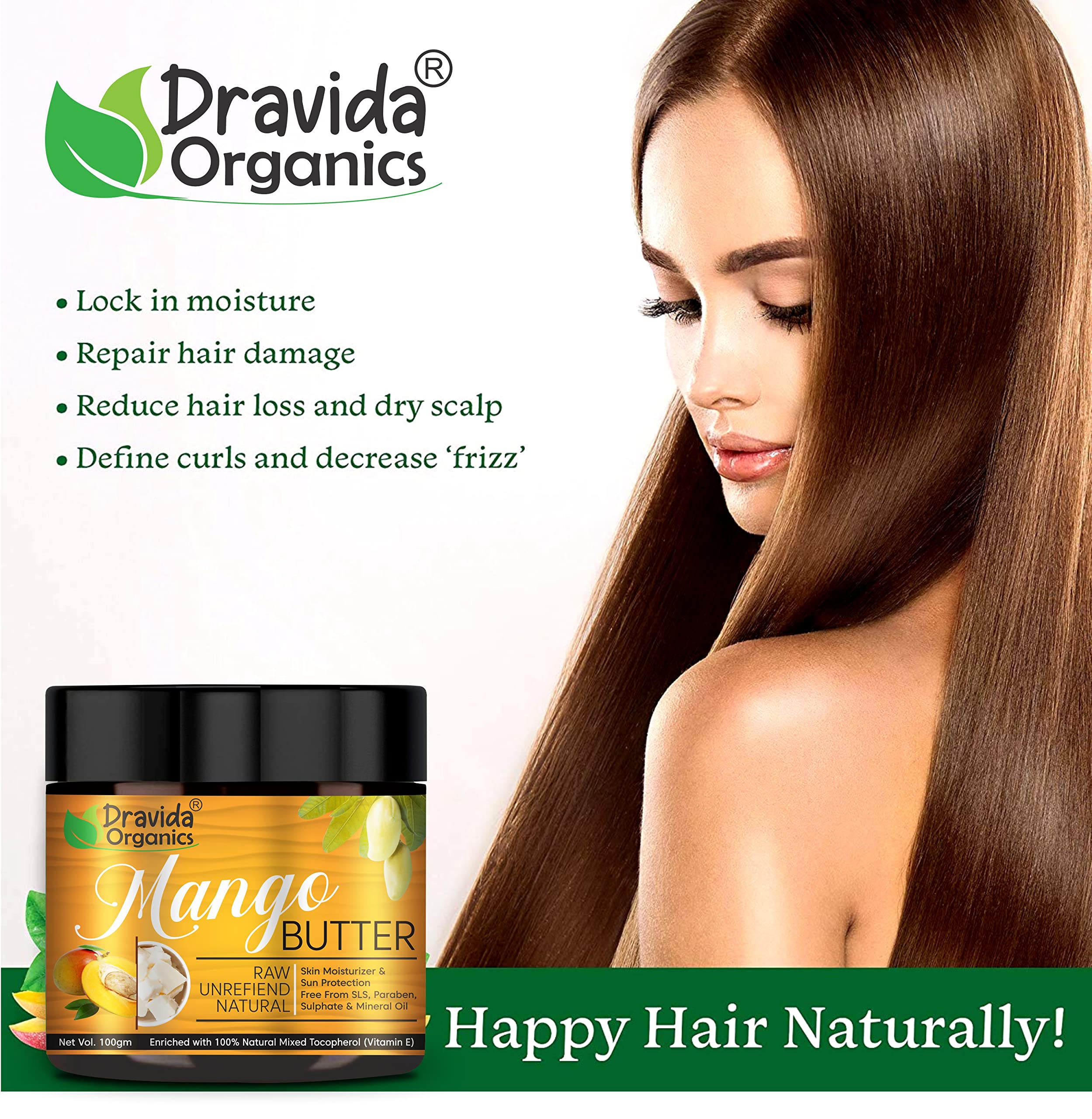 Dravida Organics Mango Body Butter - 100% Natural, Paraben-Free, Silicone-Free, No Mineral Oil or Artificial Colors - 100 gm - Deep Hydration for Dry Skin, Perfect for Daily Moisturizing & Spa Treatments