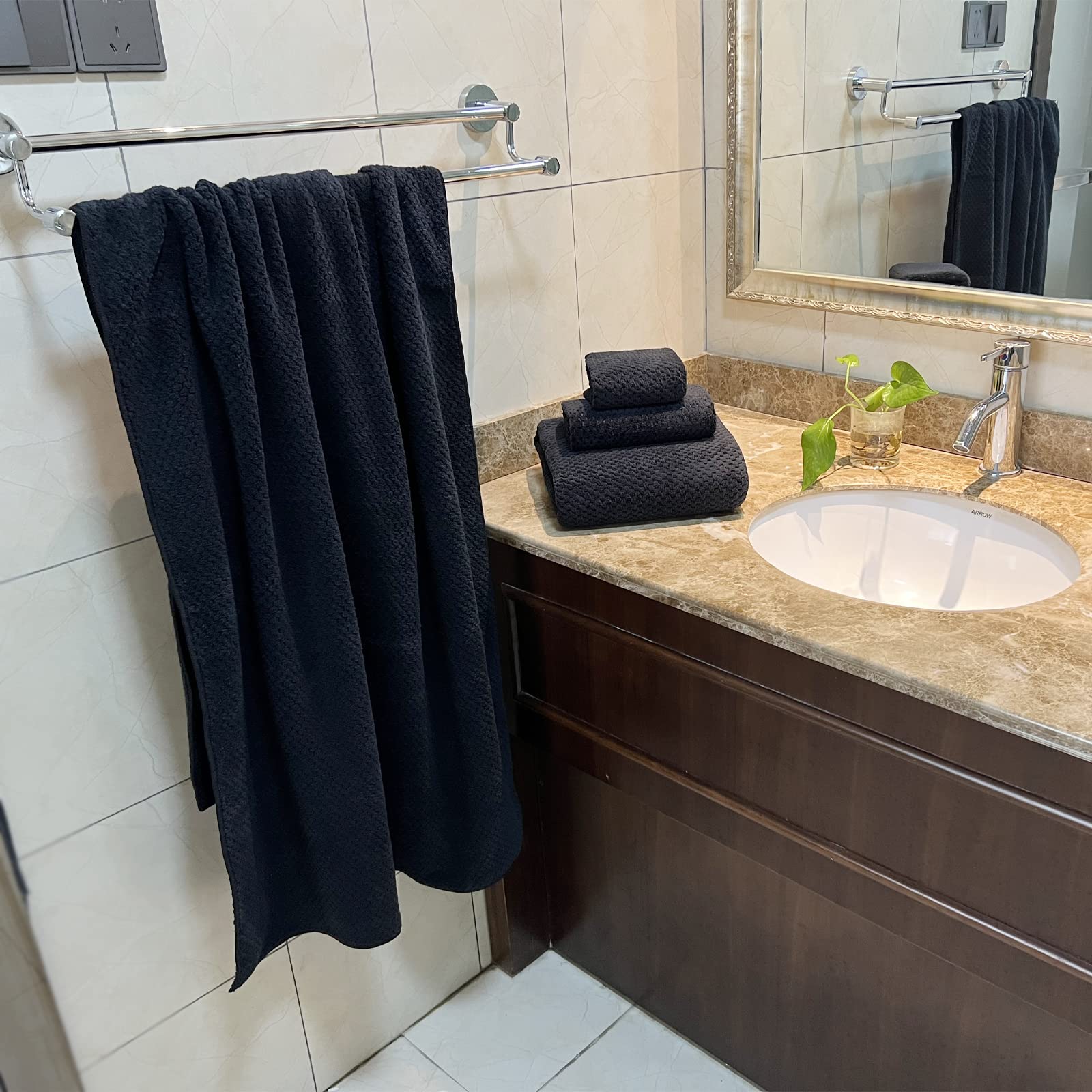 YTYC 29x59 Inch Extra Large Bath Towels Set of 6 - Quick Dry, Super Soft Microfiber Towels for Bathroom, Gym & Spa - 80% Polyester (Black, 6 Piece) - Perfect for Hotels, Guest Rooms & Luxury Bathing