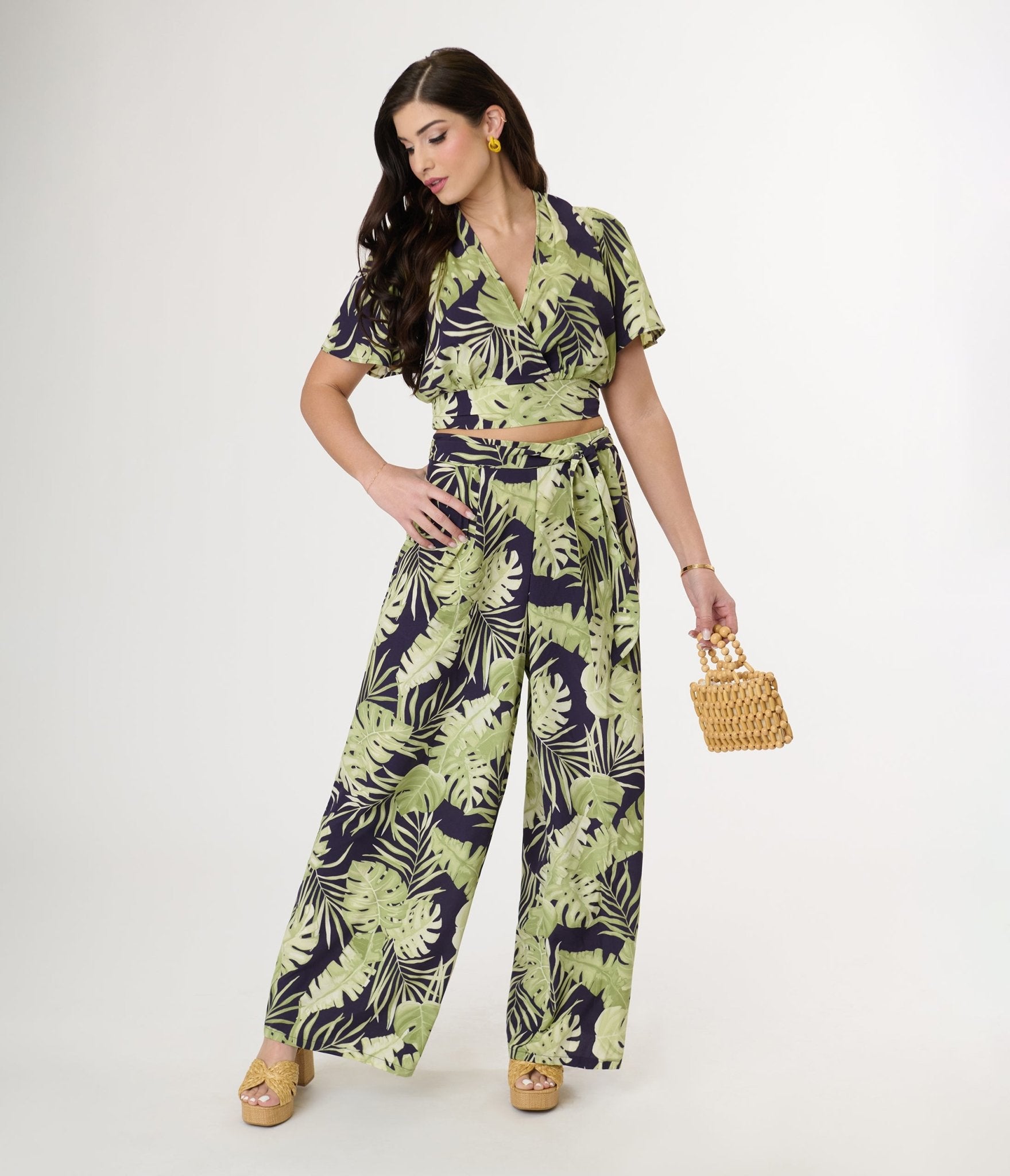 Navy & Green Tropical Print Belted Wide Leg Pants for Women - Comfortable High Waisted Palazzo Pants for Summer Vacation, Beach Outfits, and Casual Wear