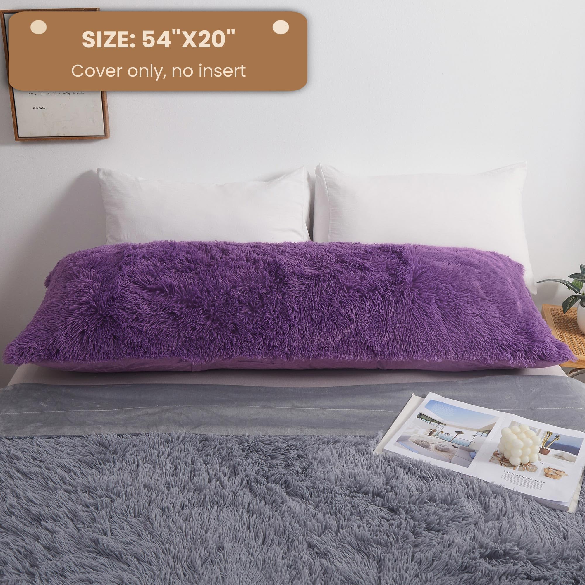 MEGO Shaggy Plush Body Pillow Cover - Soft Purple Faux Fur Fluffy Pillowcase 20x54 Inches - Boho Fuzzy Long Pillow Sham with Hidden Zipper for Bed, Couch & Living Room - Cozy Home Decor for Relaxation & Netflix Nights