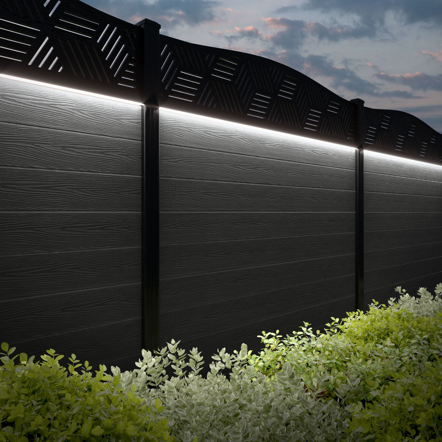 Classic Cubed Curved Top Fence Panel - Dark Grey Aluminum Fence with Matching Posts | Perfect for Backyard Privacy & Garden Security