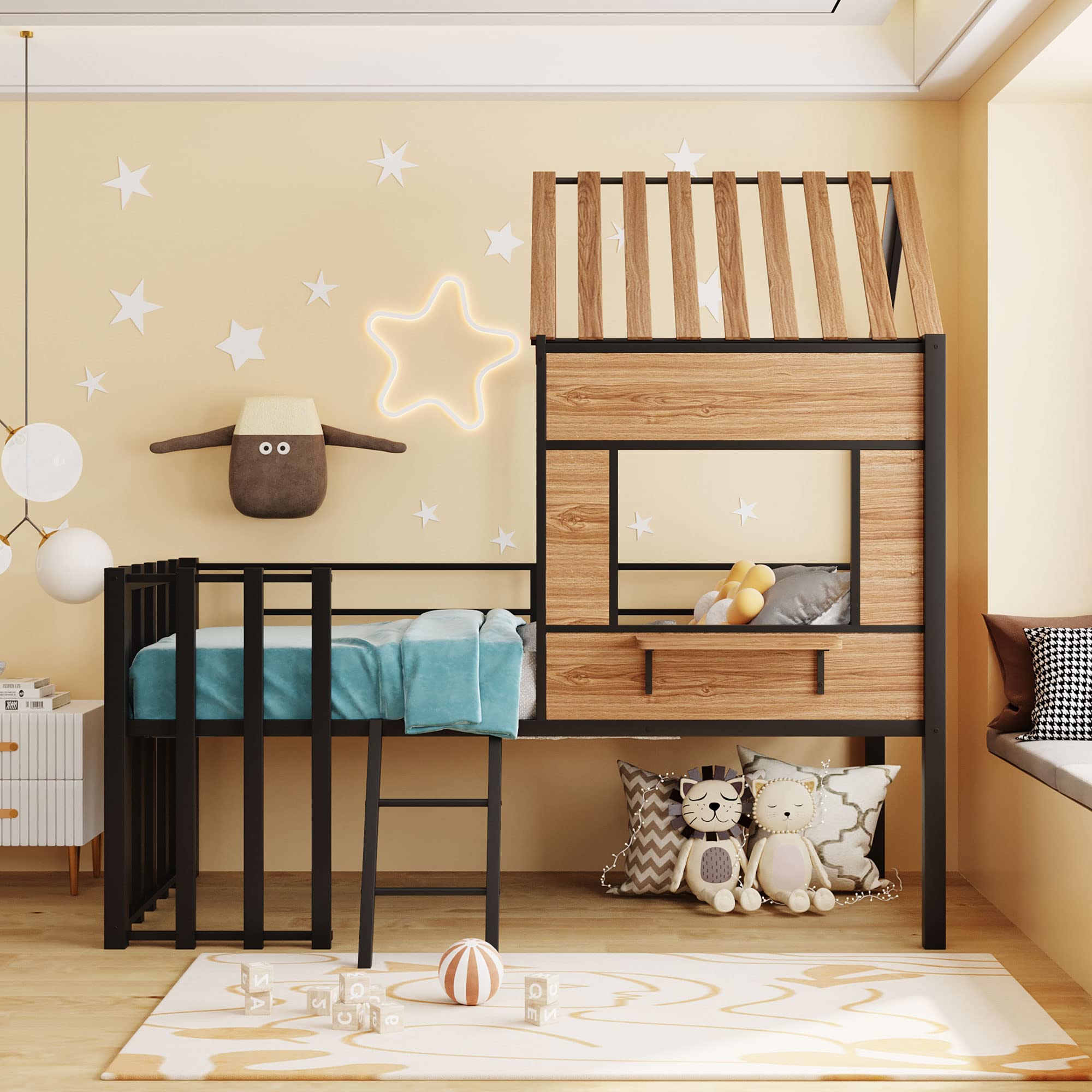 TRIPLE TREE Twin Size Low Loft Bed with Ladder - Sturdy Metal House Bed Frame with Roof, Window & Safety Guardrails for Kids & Teens - No Box Spring Needed - Black - Perfect for Small Bedrooms, Dorm Rooms & Kids' Play Areas
