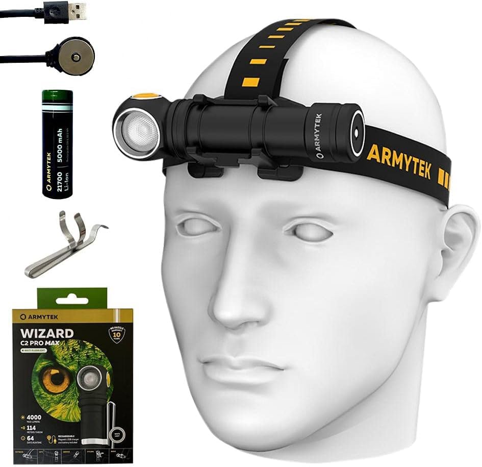 Armytek Wizard C2 Pro Max XHP70.2 LED Rechargeable Headlamp - 4000 Lumens with Magnetic USB Charging Cable - Perfect for Camping, Hiking, and Outdoor Adventures