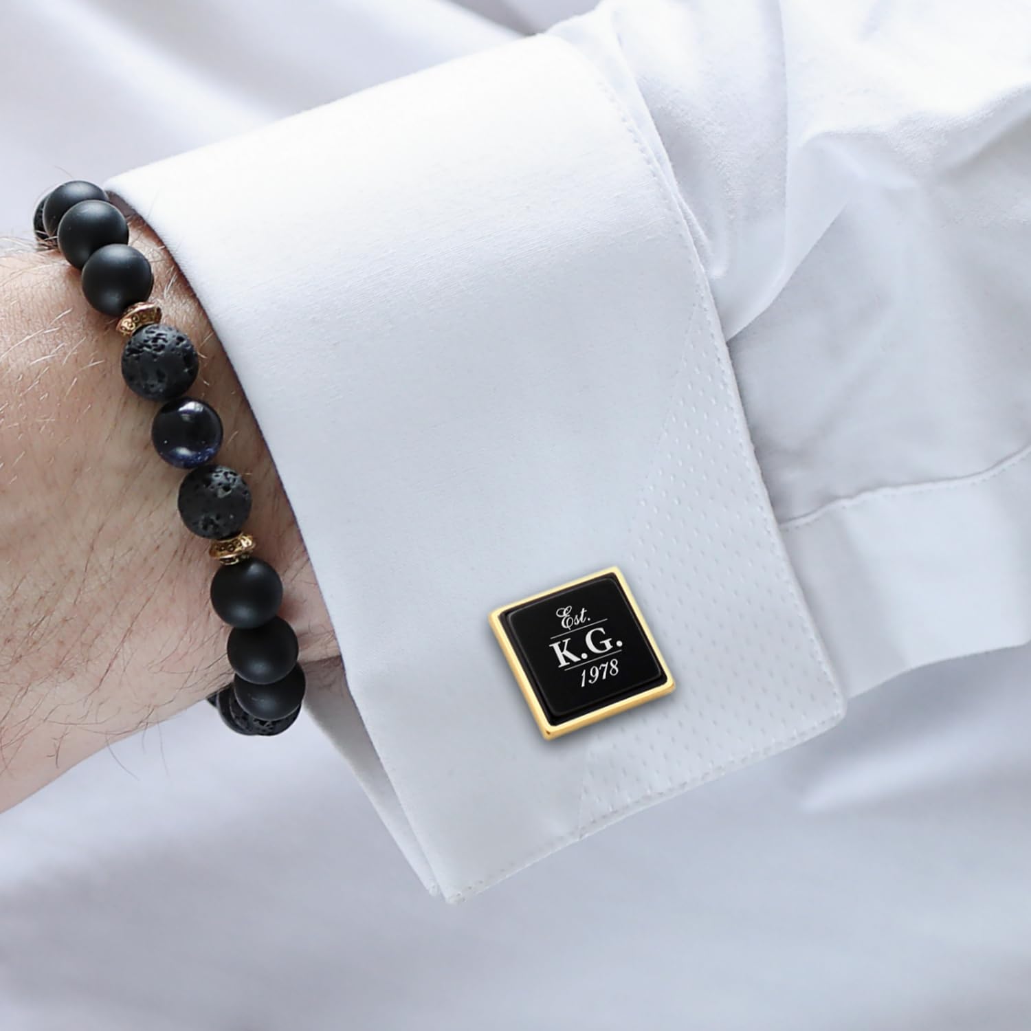 Personalized Initial Date Gold Cufflinks for Men - Custom Engraved Black & Gold Onyx Cufflinks - Unique Anniversary & Birthday Gifts for Husband - Perfect for Weddings, Promotions & Formal Events