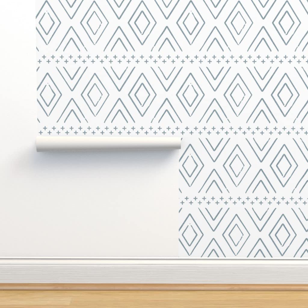 Removable Wallpaper 12ft x 2ft - Blue White Mudcloth Boho Diamonds Modern Geometric Peel & Stick Wallpaper for Nursery, Bedroom, Living Room & Office Decor