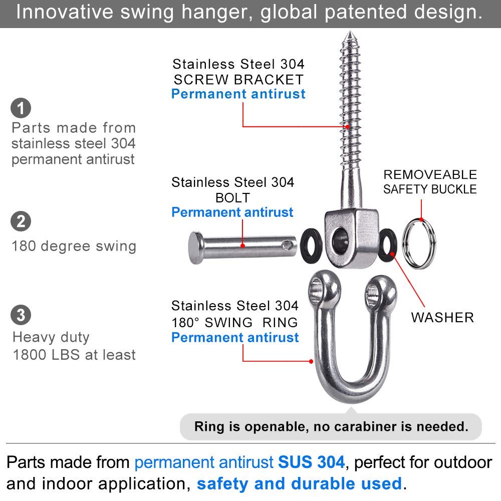 SELEWARE 2 Pack Heavy Duty Stainless Steel Swing Hangers - Universal Swing Set Hooks for Porch Swings, Hammock Chairs, Heavy Bags, Yoga Silk & Gymnastics Rings - Perfect for Backyard, Gym & Outdoor Activities