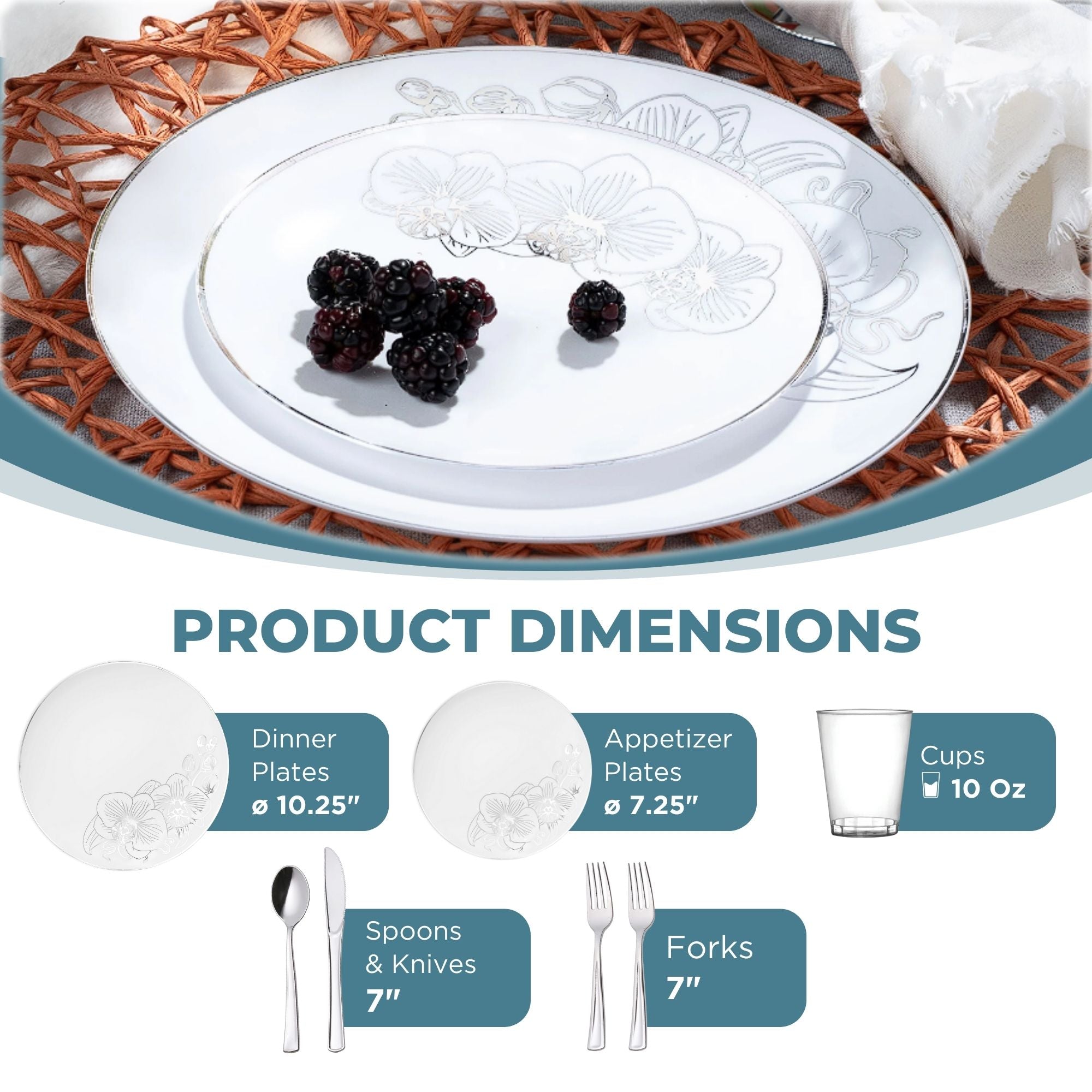 White and Silver Plastic Party Bundle - Elegant Orchid Theme for Weddings, Birthdays & Special Events - Bulk Disposable Tableware Set