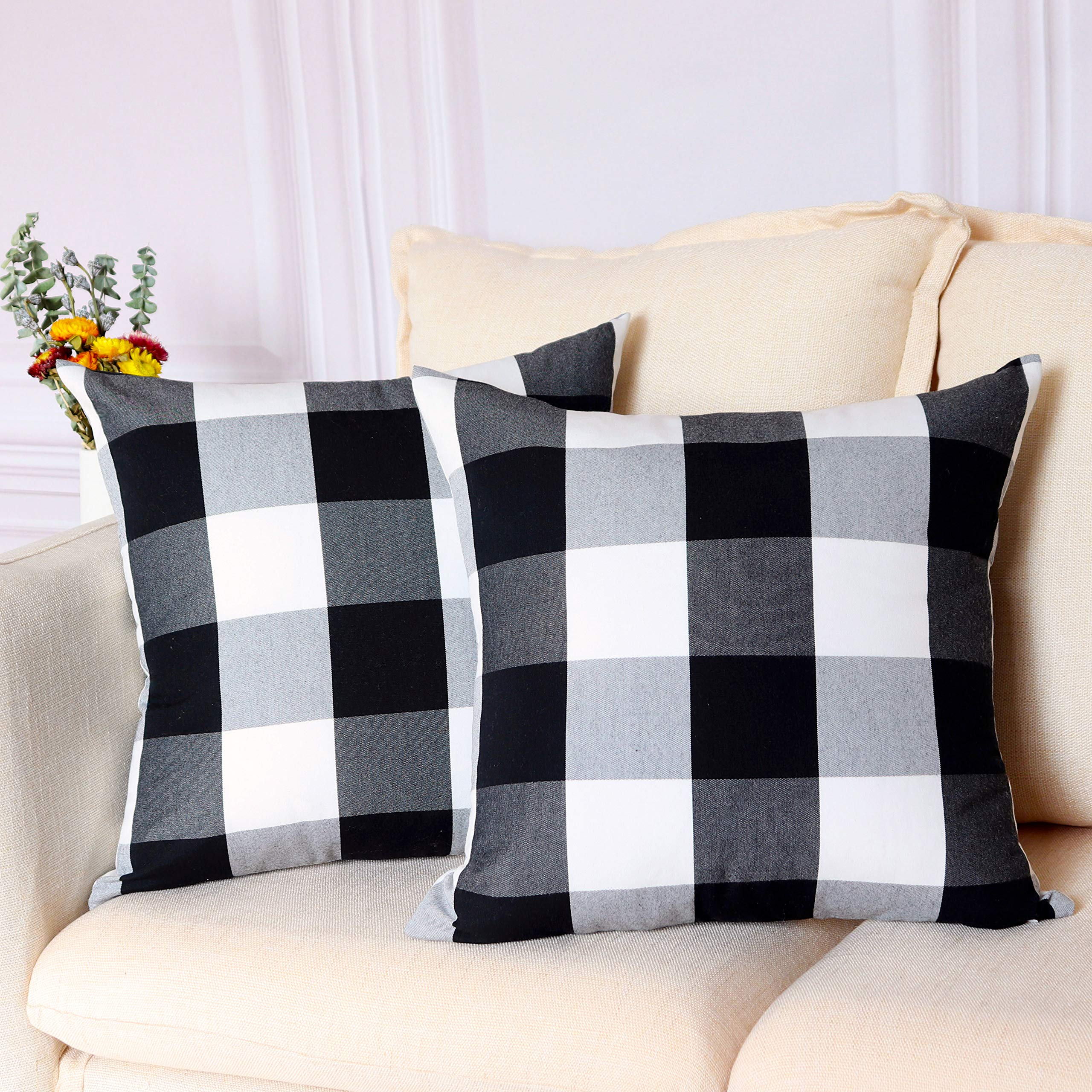 NAVIBULE Set of 2 Buffalo Check Plaid Pillow Covers 18x18 Inch - Farmhouse Christmas Decor, Soft Black and White Checkered Throw Pillow Cases for Couch, Sofa, Bedroom & Outdoor - Cozy Holiday Home Decor