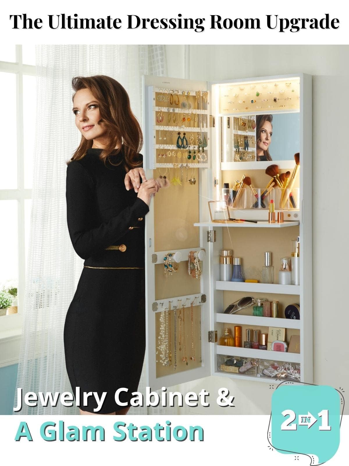 White Jewelry Armoire with Mirror & Lights - Wall Mounted Storage for Makeup & Jewelry