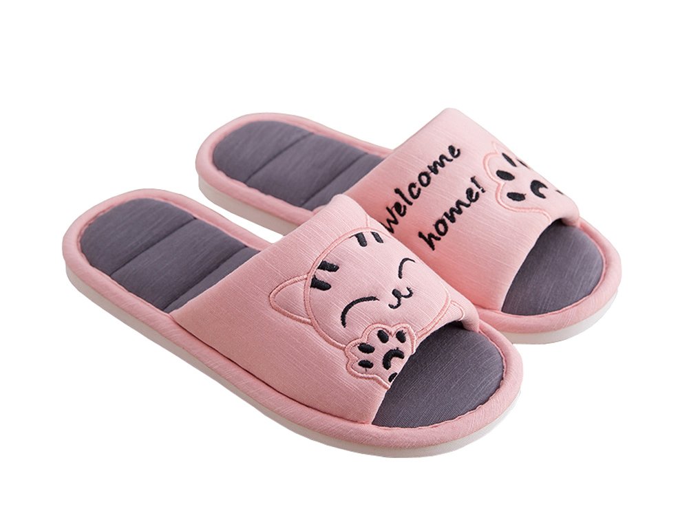 Cliont Women's Cute Cat Print Open-Toe Cotton Slippers - Soft Indoor House Shoes for Women, Comfortable Non-Slip Home Footwear for Couples & Family - Perfect for Lounging, Relaxing at Home and Gift Giving