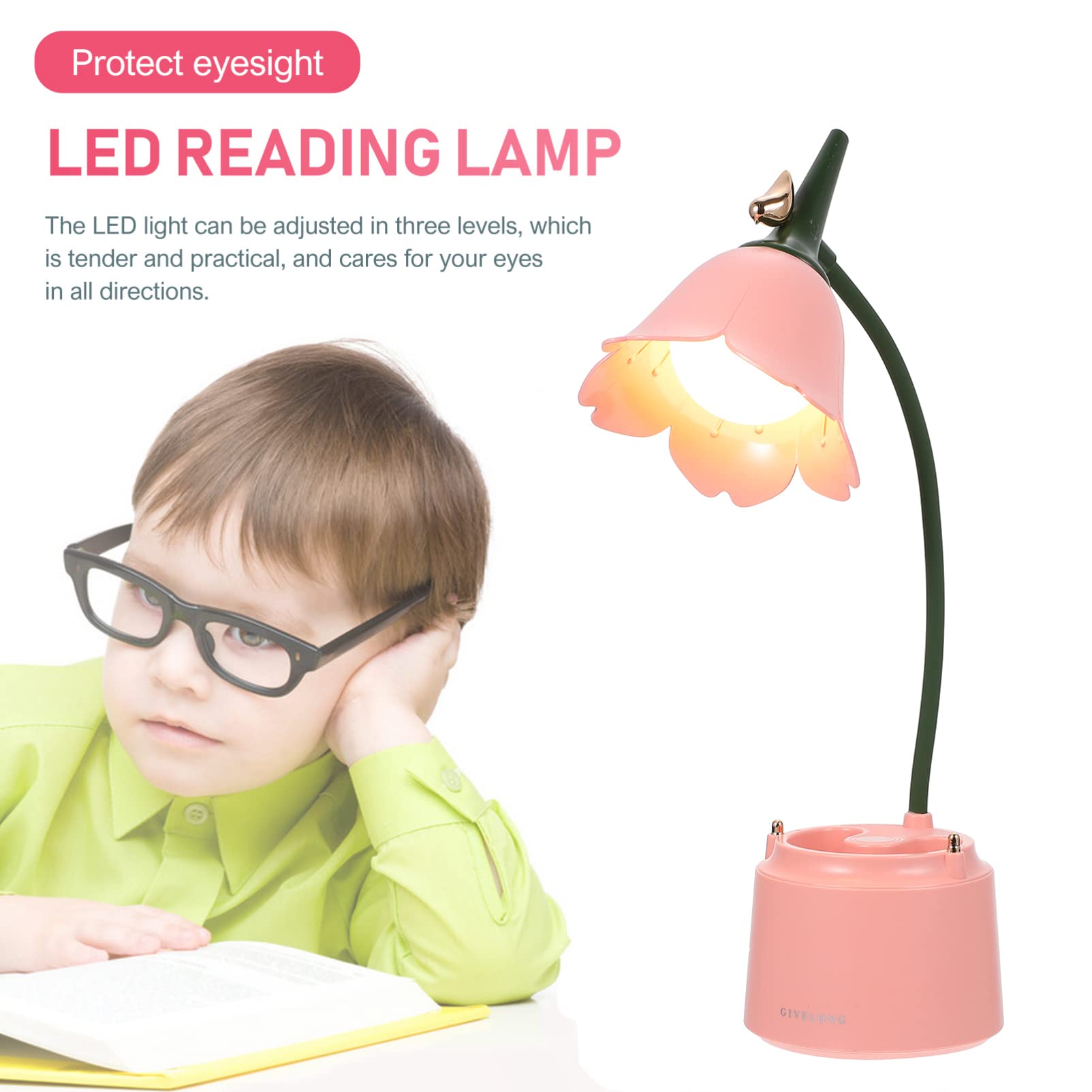 Uonlytech Pink Flower LED Desk Lamp - Flexible Gooseneck Eye-Caring Reading Light with USB Rechargeable & Stepless Dimming - Perfect for Dorm, Office, Study Room & Nightstand
